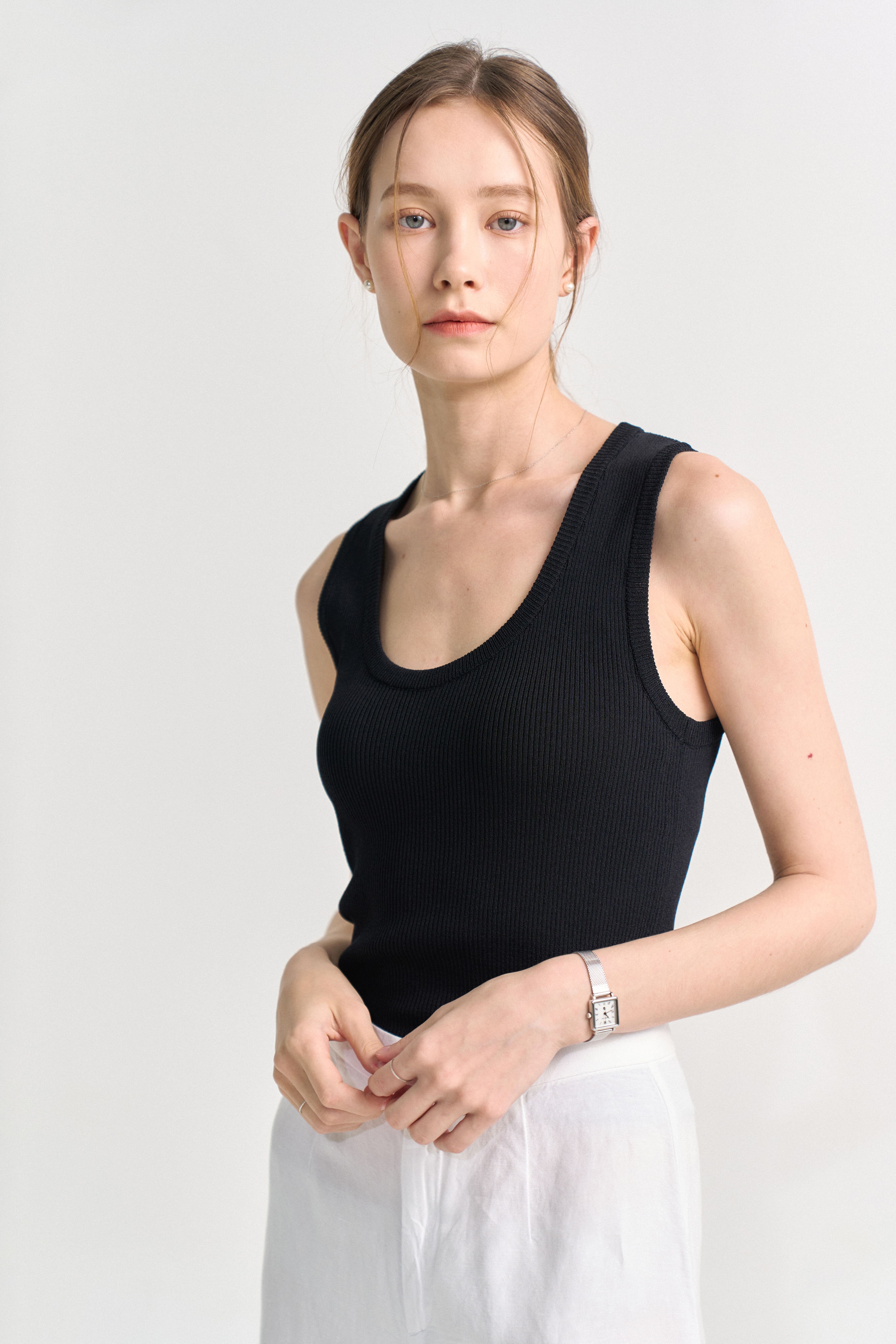 [크램38] BELLA KNITTED RIBBED TOP BLACK