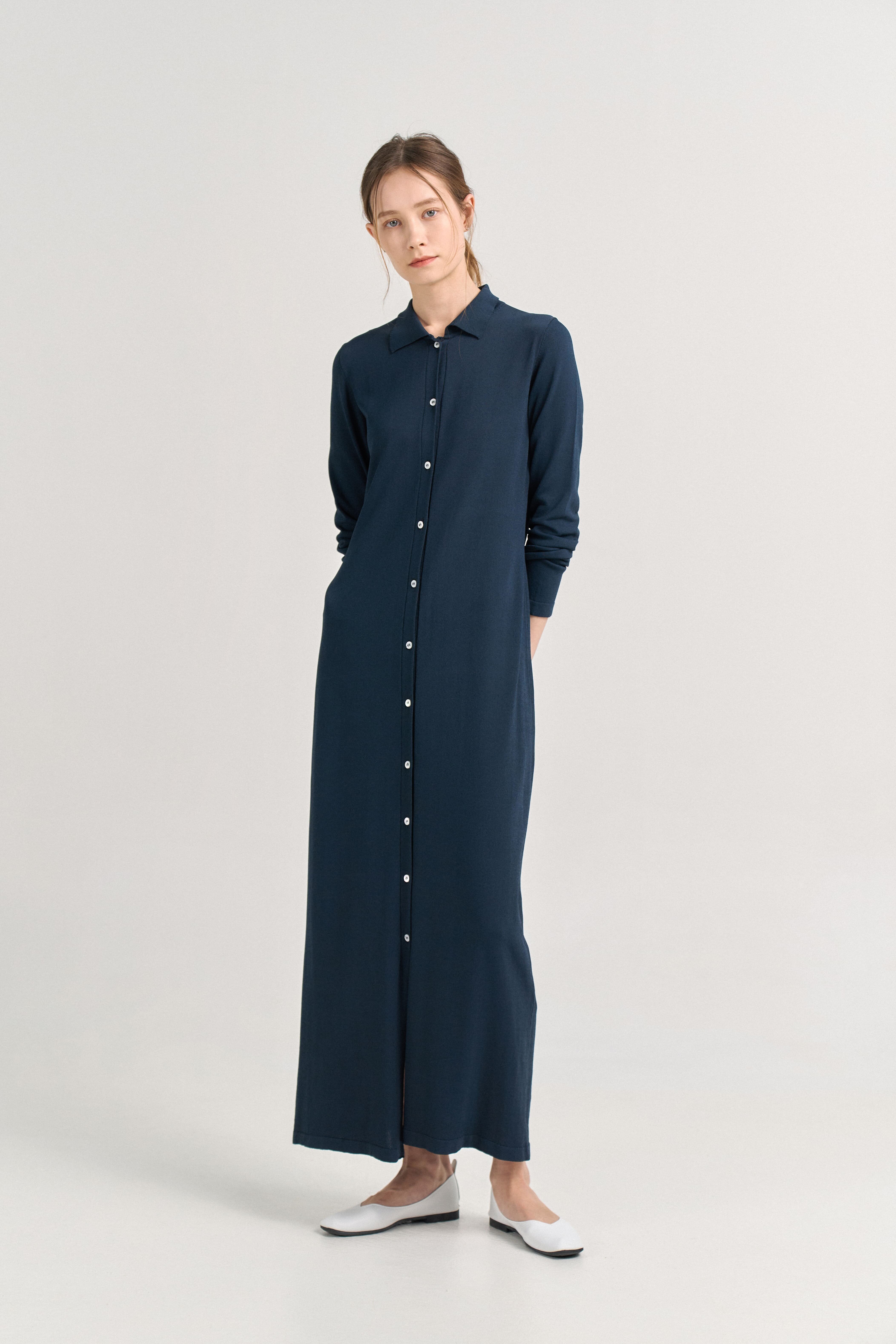 [크램38] REGINA KNITTED SHIRT DRESS PETROLIO