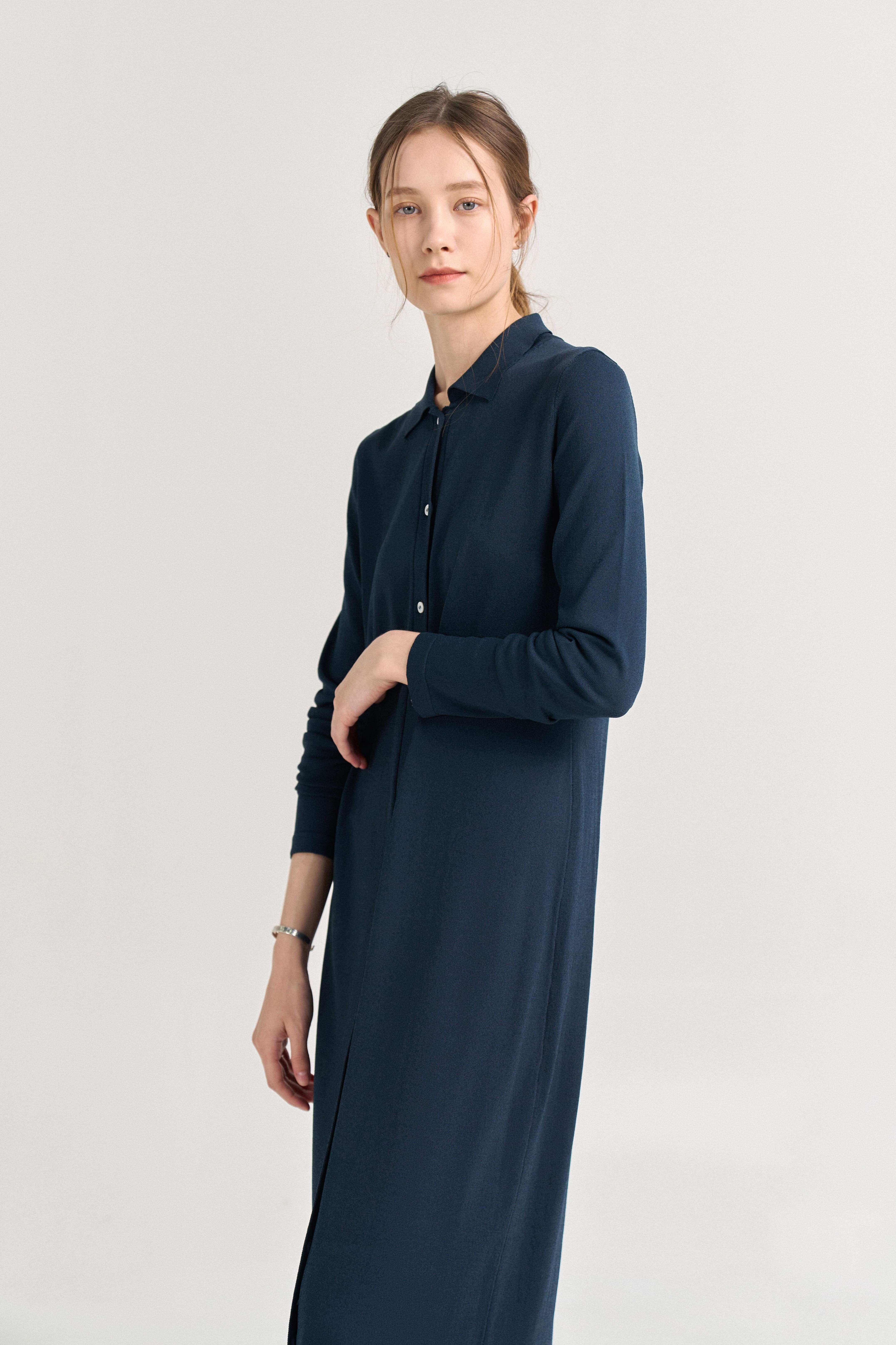 [크램38] REGINA KNITTED SHIRT DRESS PETROLIO
