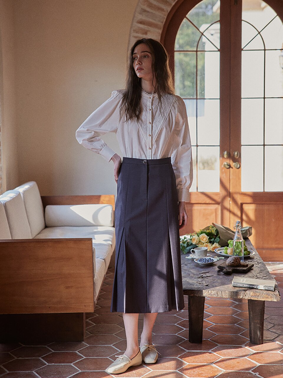 PM_Plated high-waist skirt
