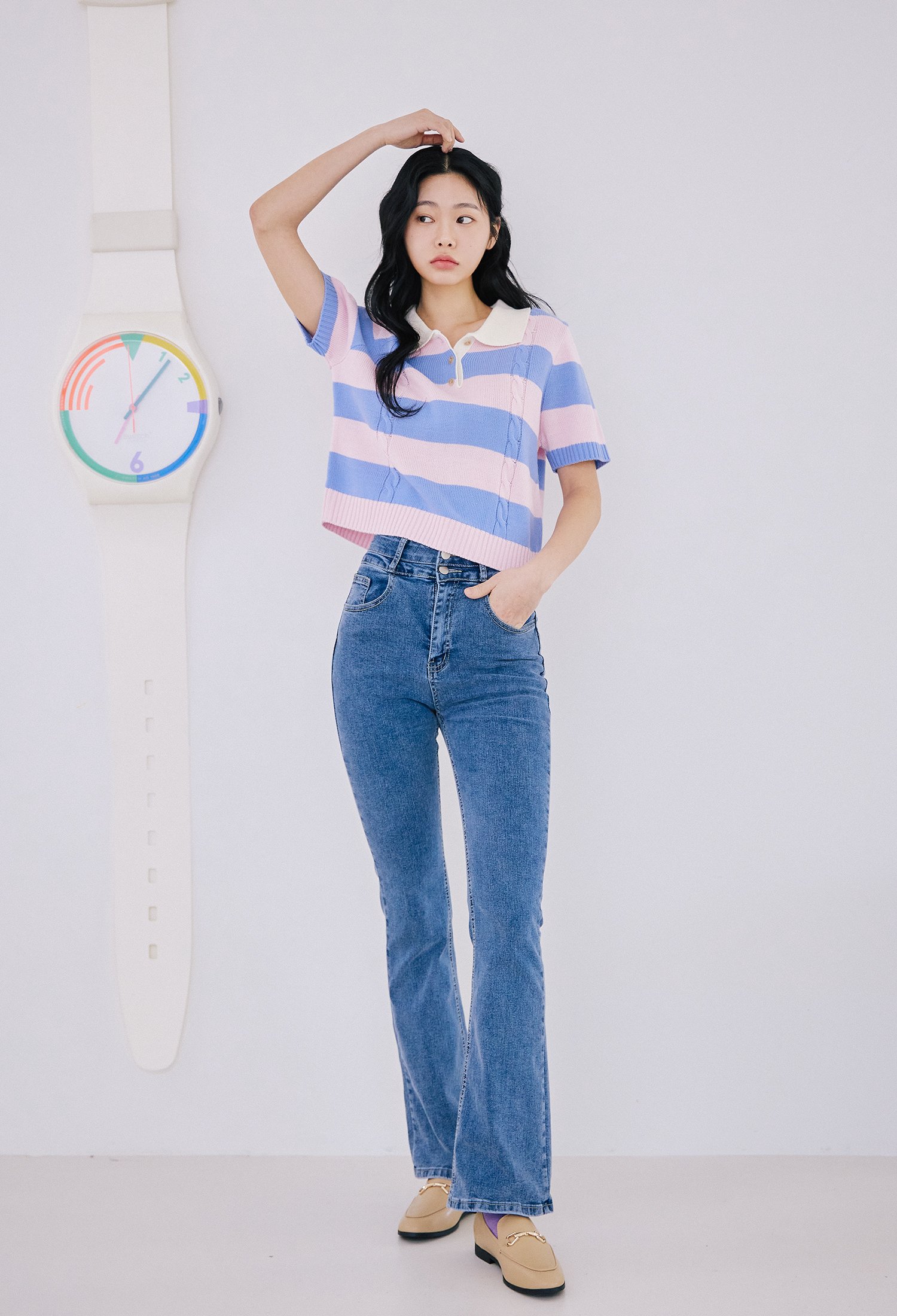 더블 버튼 부츠컷 데님 팬츠 (BLUE)