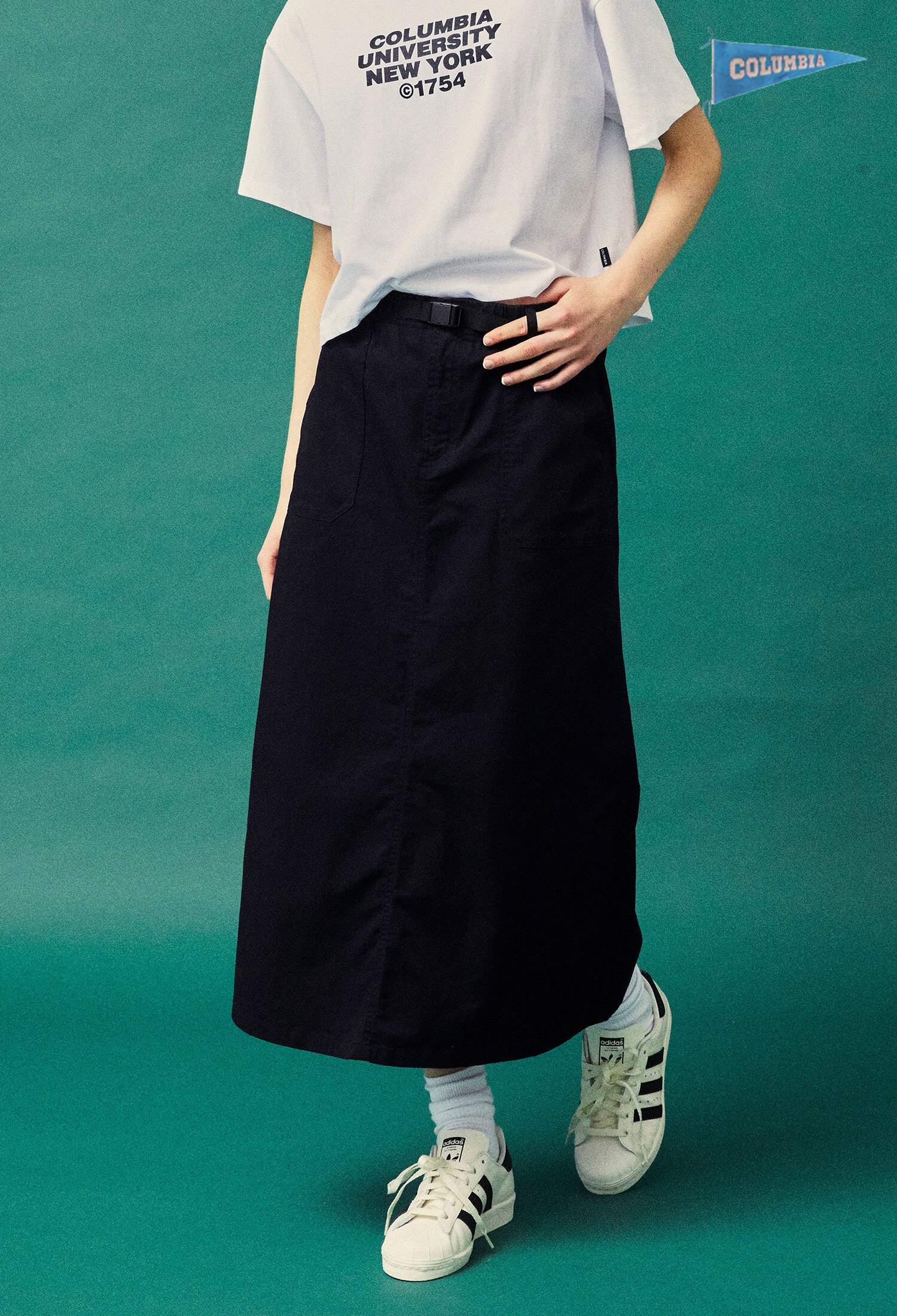 MIL-LABEL BELTED COTTON LONG SKIRT 크라운네이비