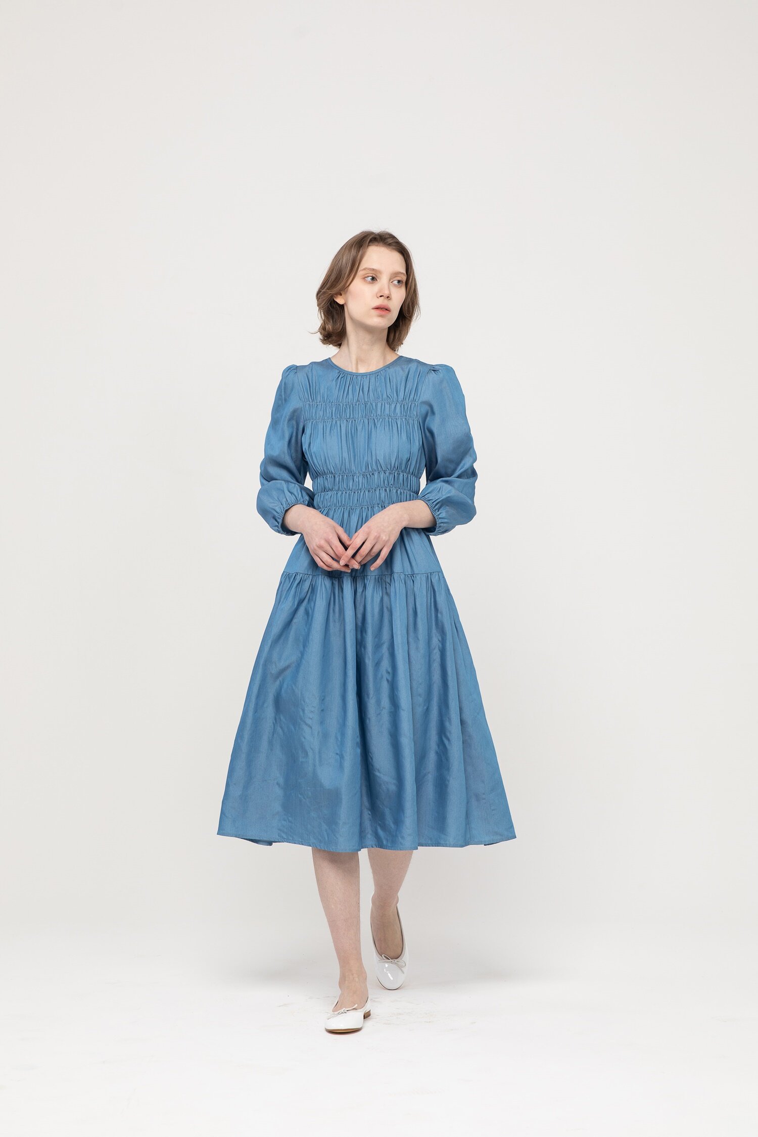 Denim shirring dress - Light Blue