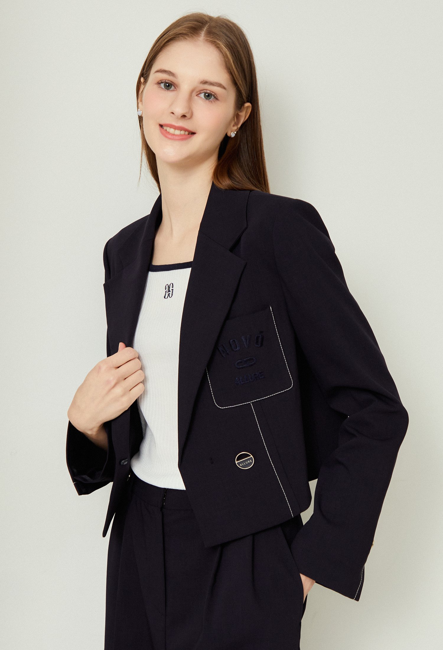롤업 테이프 스티치 크롭 재킷 (NAVY)
