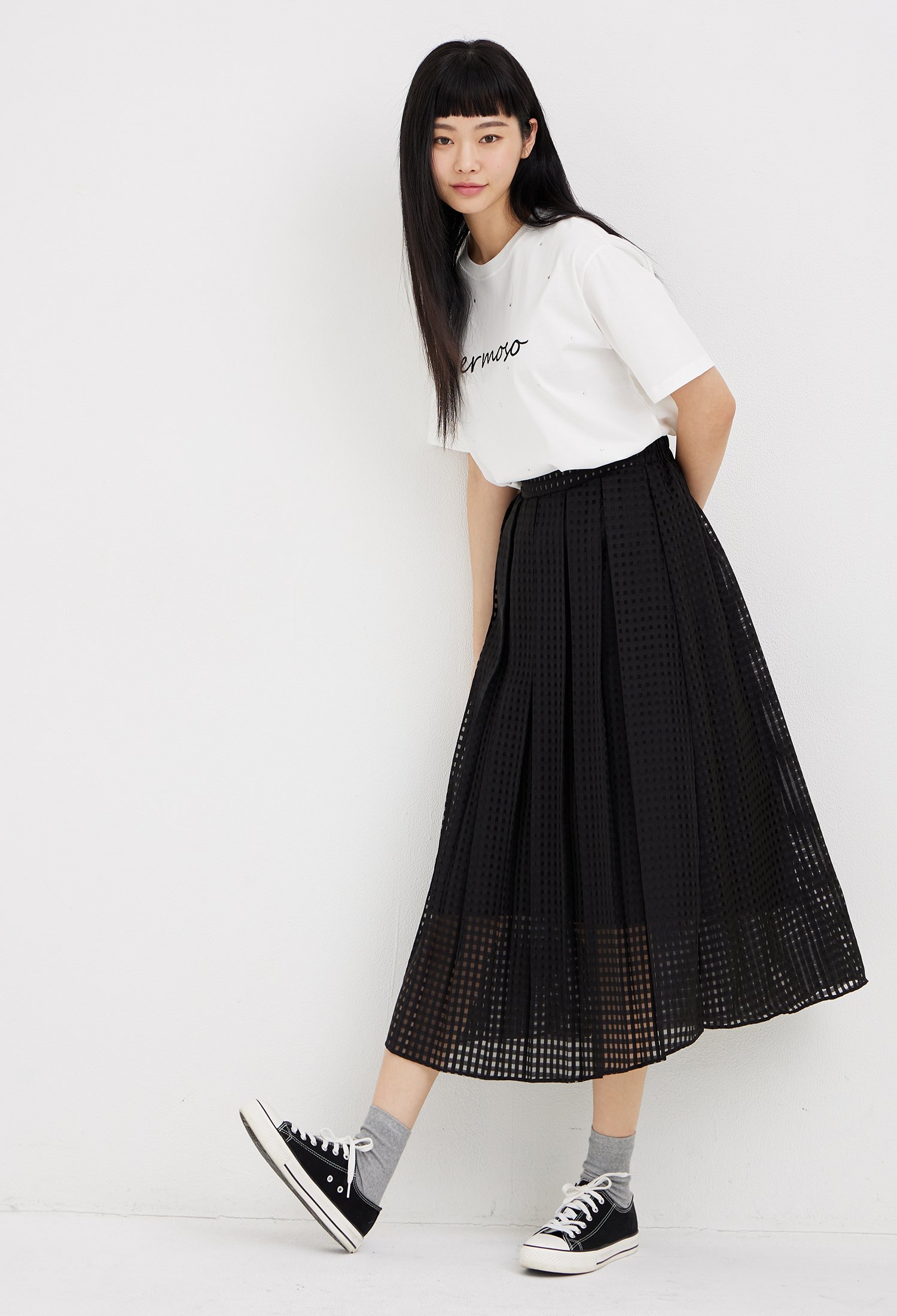 백 밴딩 메시 플리츠 스커트 (BLACK)