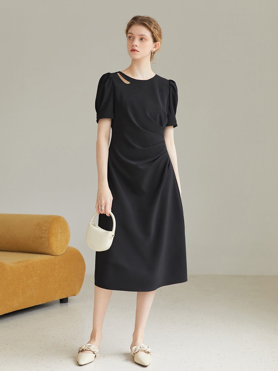 Wendy round neck cut black long dress