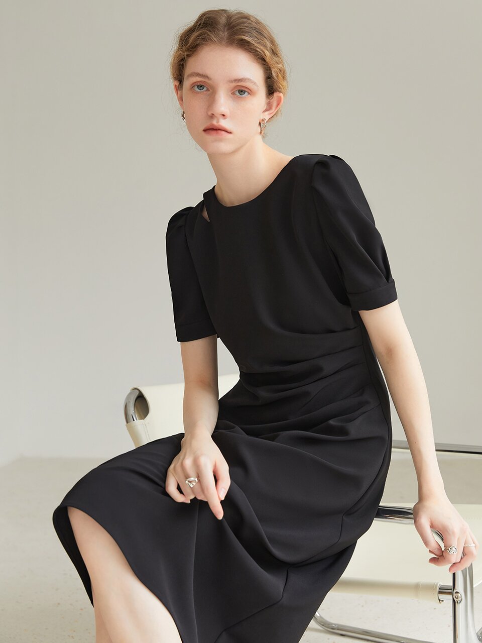 Wendy round neck cut black long dress