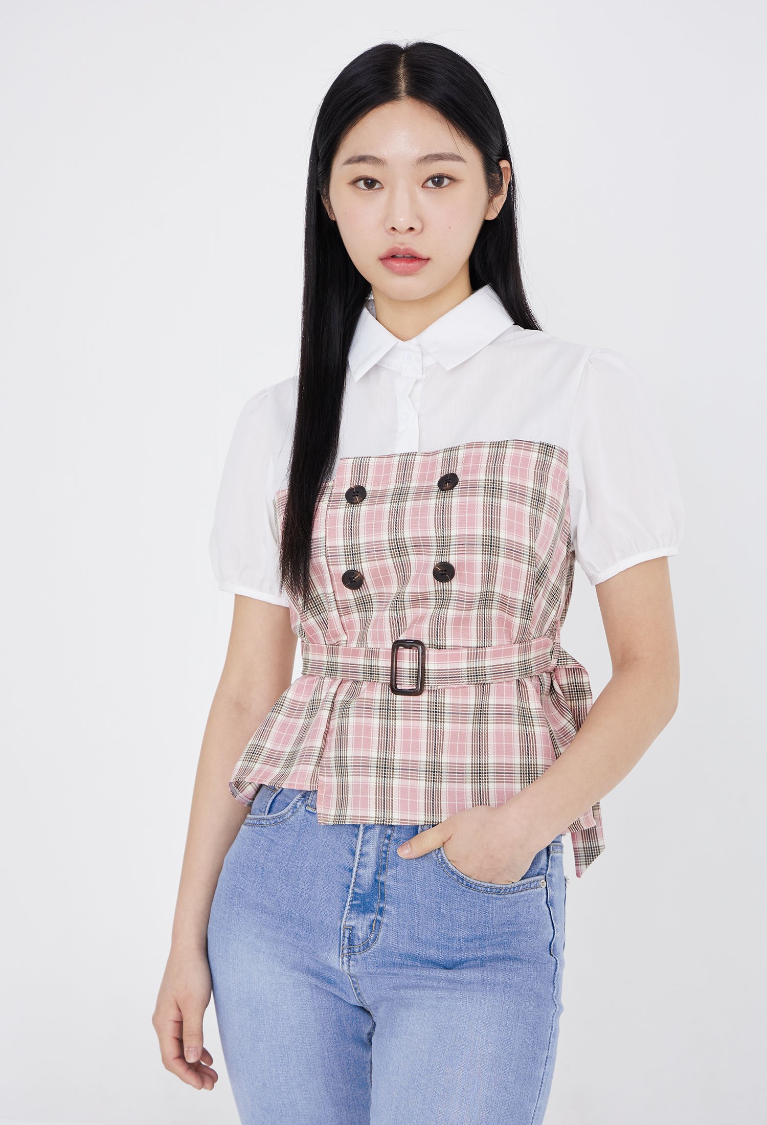 체크 배색 더블 버튼 블라우스 (PINK)