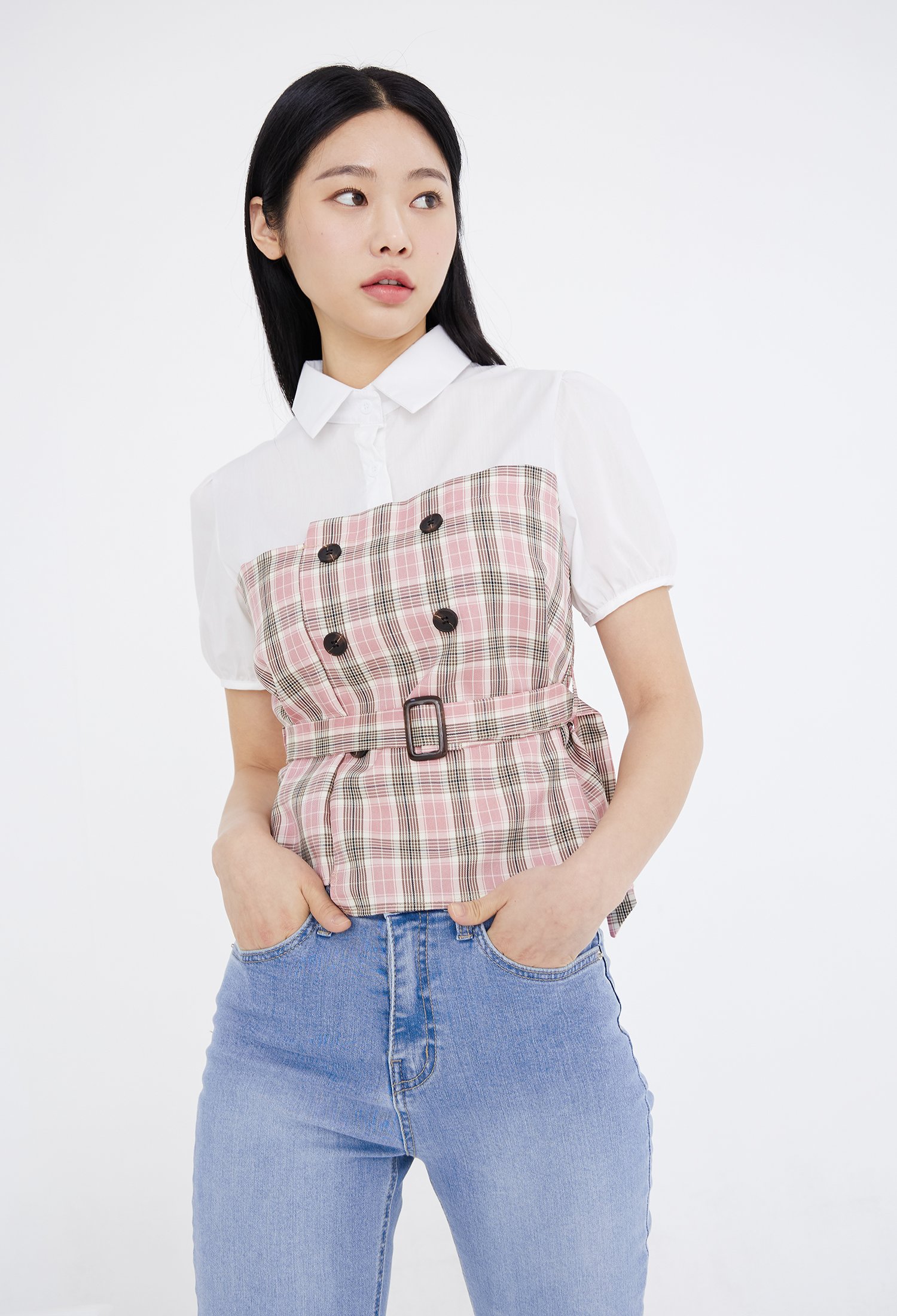 체크 배색 더블 버튼 블라우스 (PINK)
