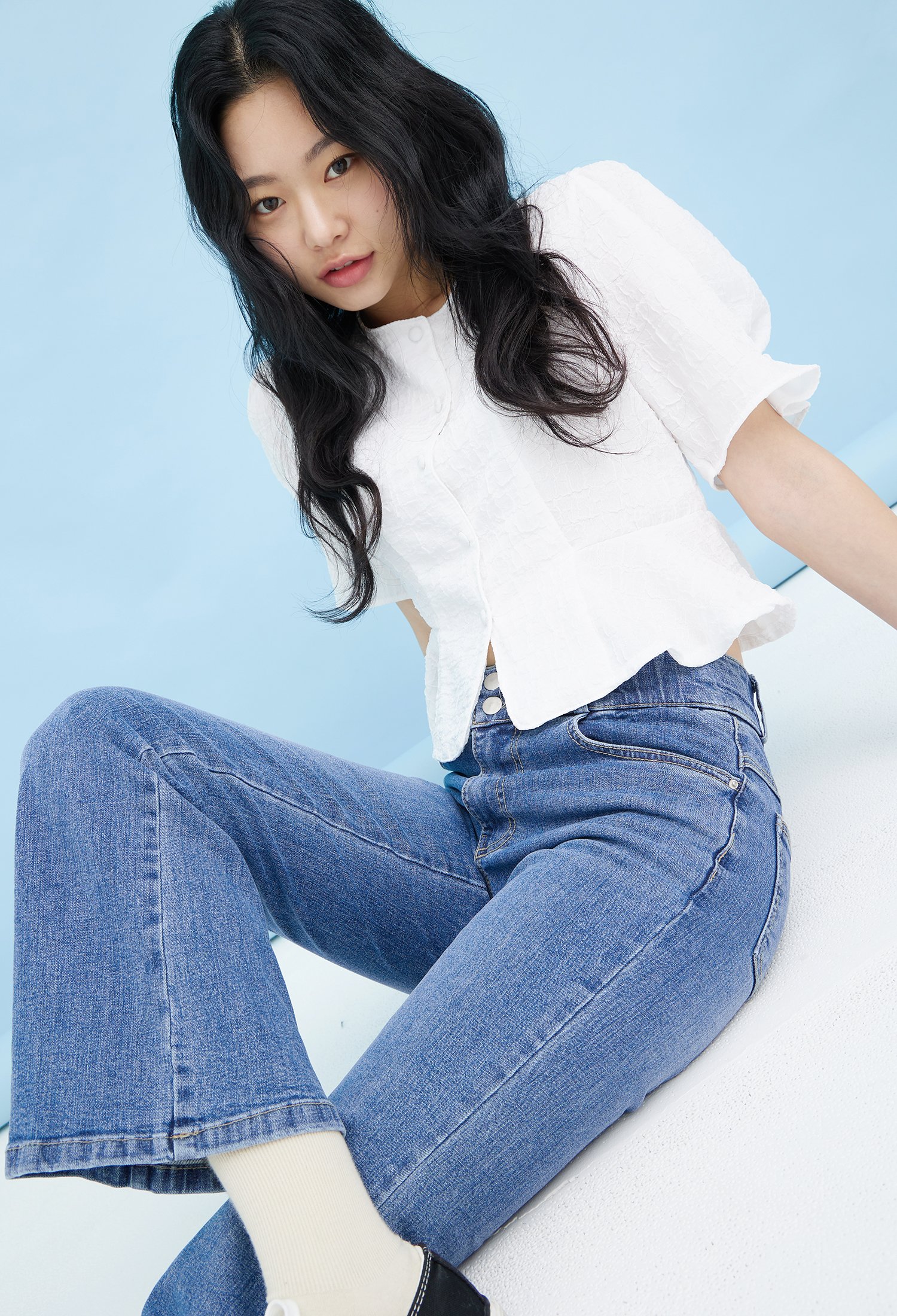 더블 클로징 슬림 데님 팬츠 (DARK BLUE)