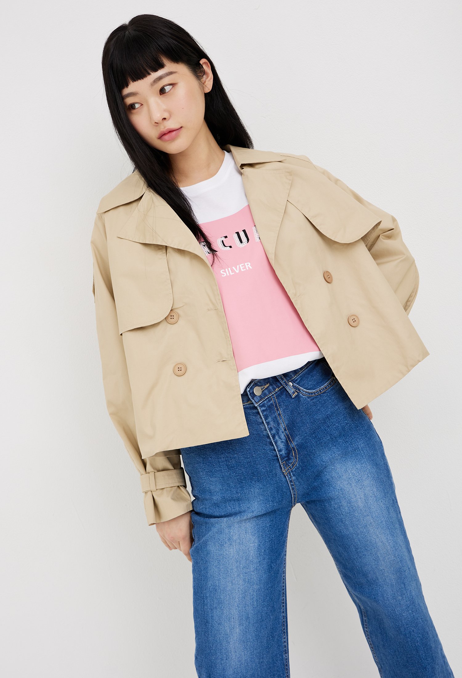 더블 브레스트 숏 트렌치 코트 (BEIGE)