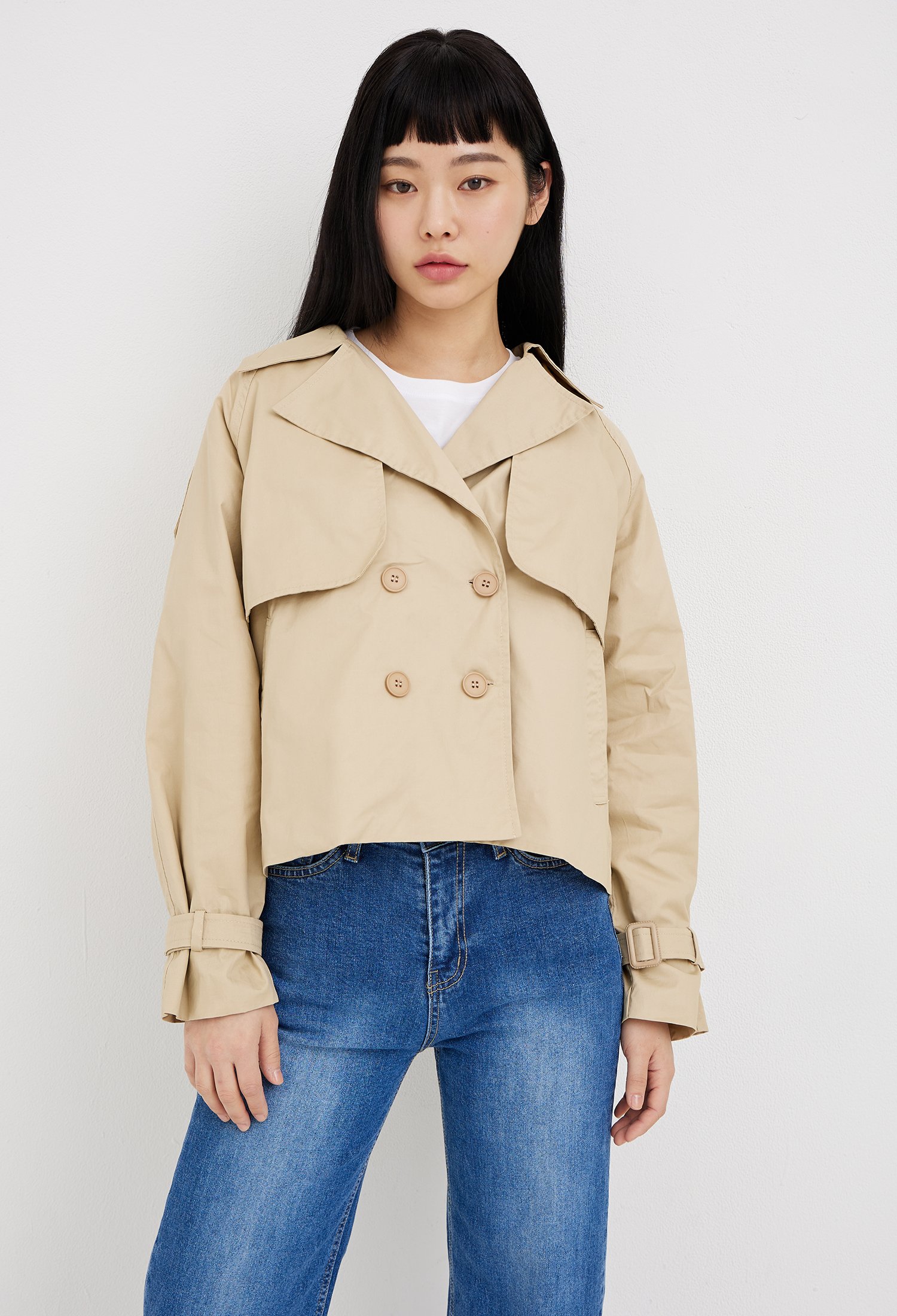 더블 브레스트 숏 트렌치 코트 (BEIGE)