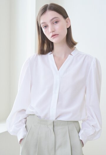 Stand Collar Shirring Blouse-Ivory