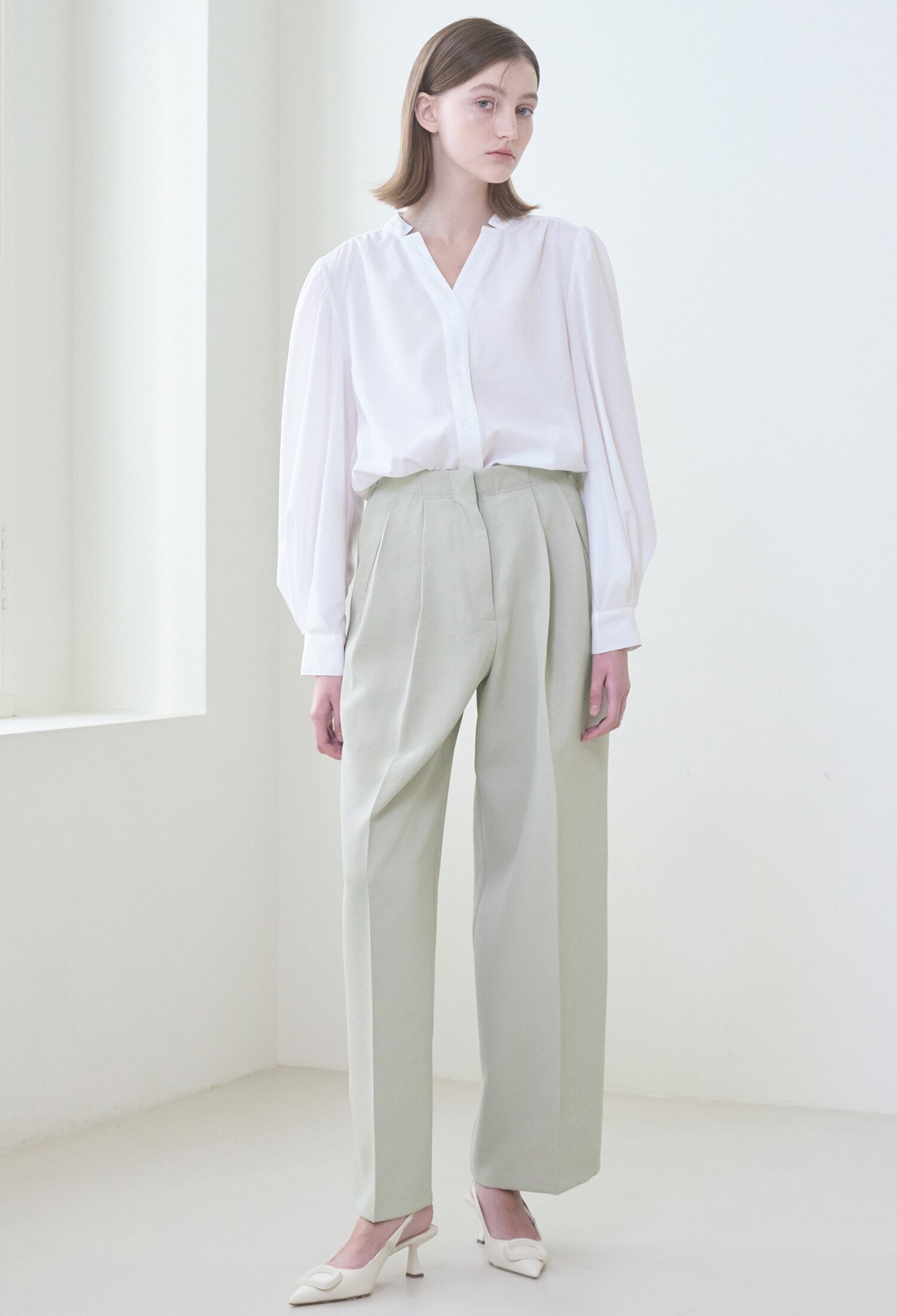 Stand Collar Shirring Blouse-Ivory