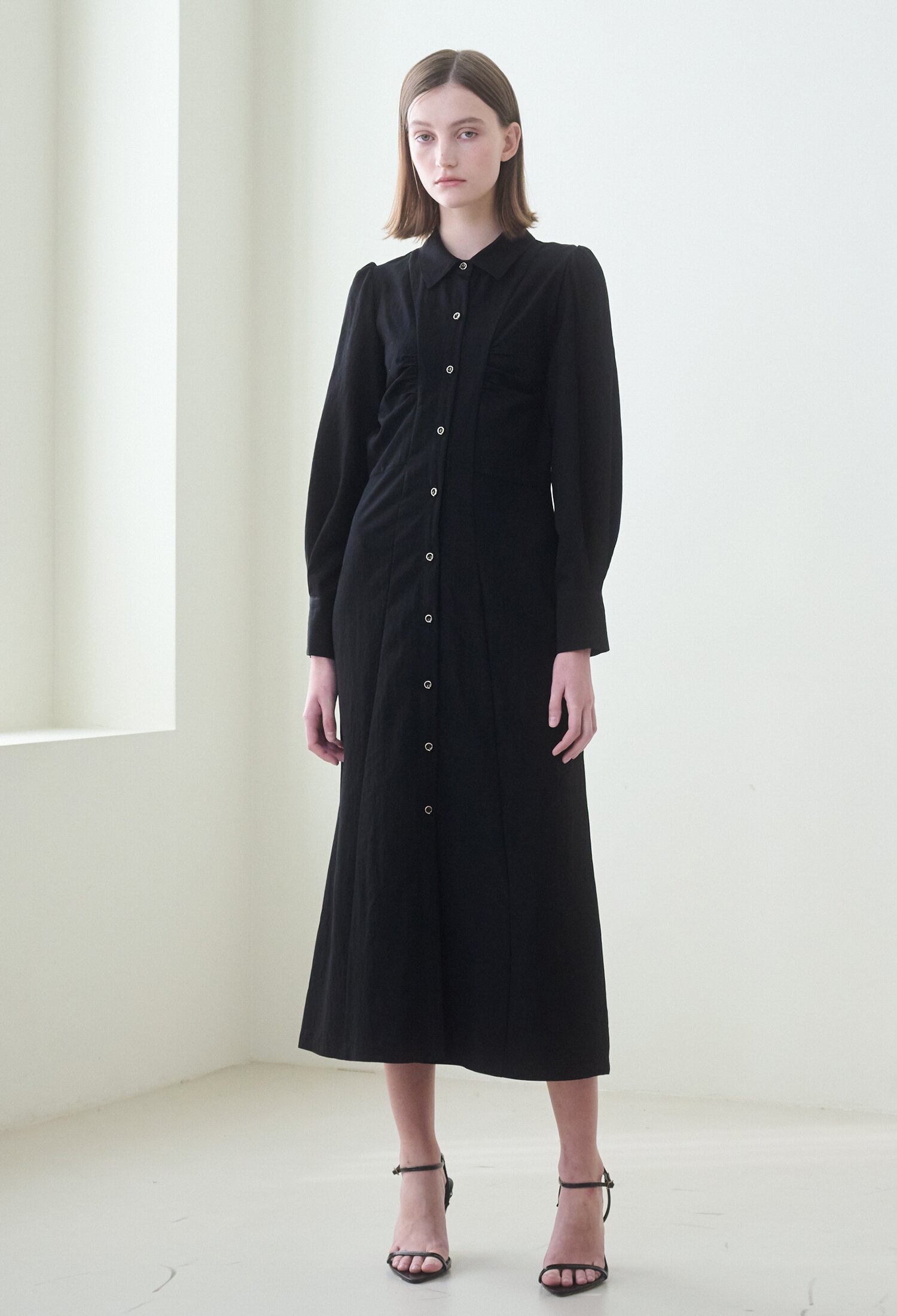  Front Shirring Shirts Dress - Black