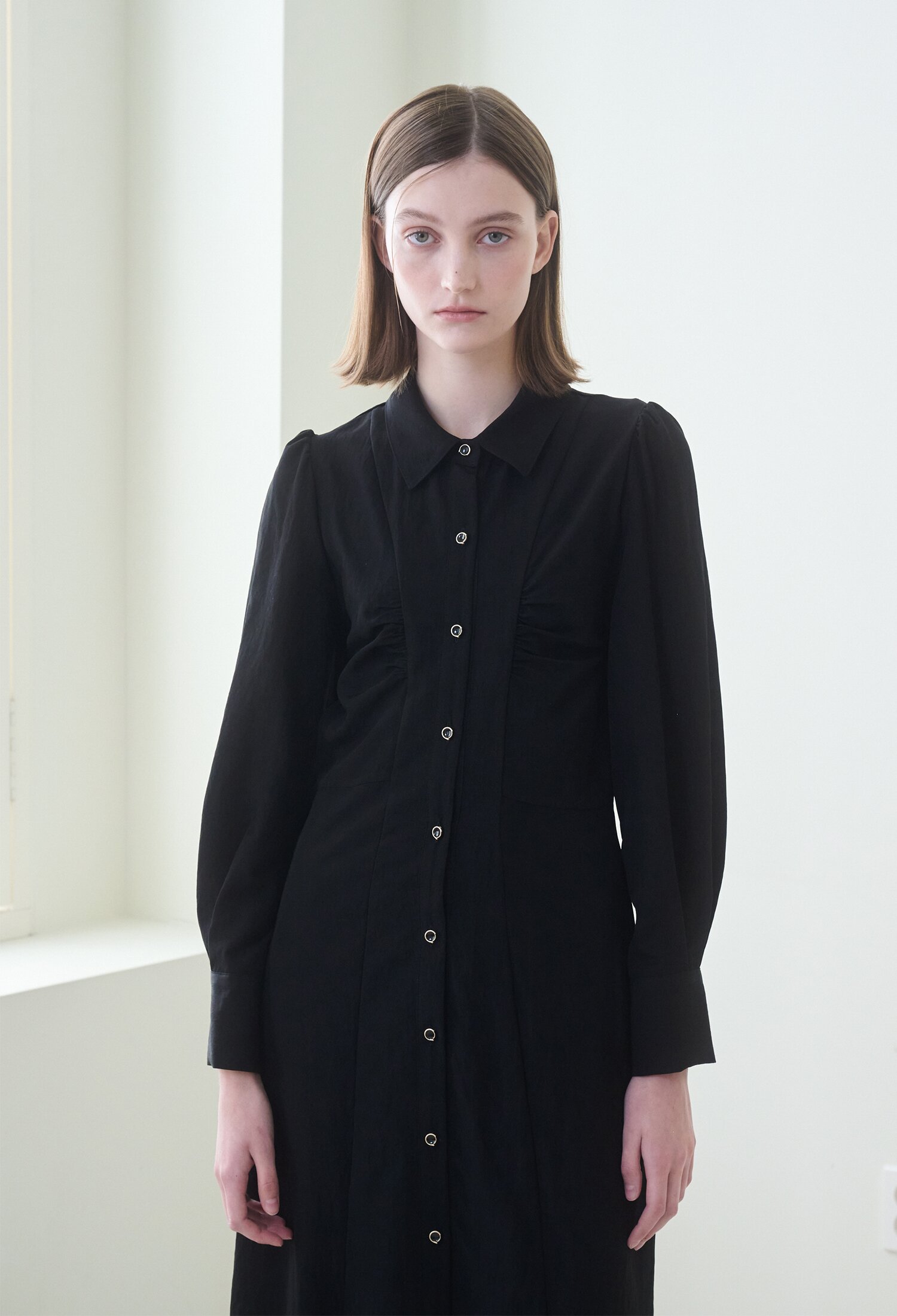 Front Shirring Shirts Dress - Black