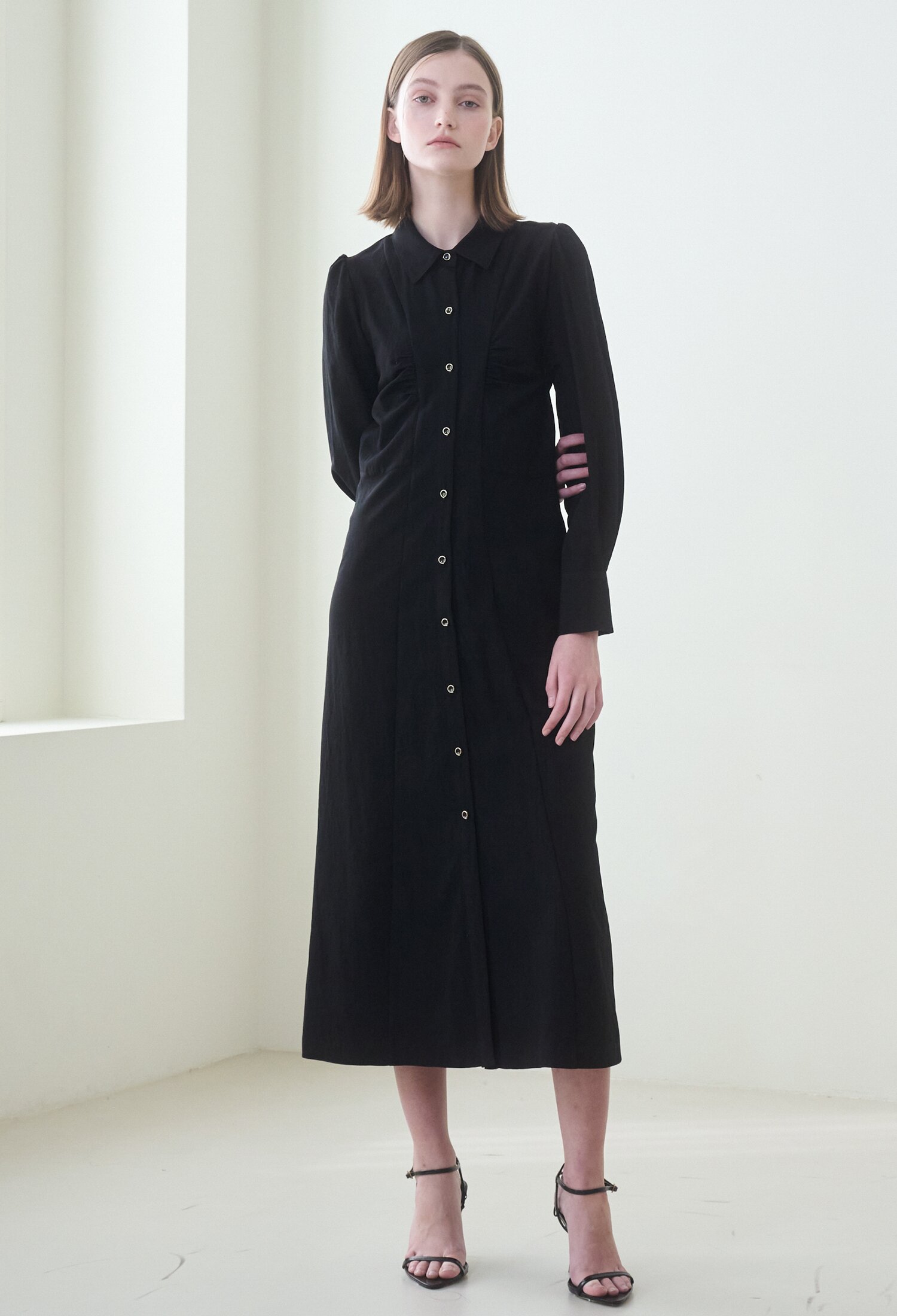  Front Shirring Shirts Dress - Black