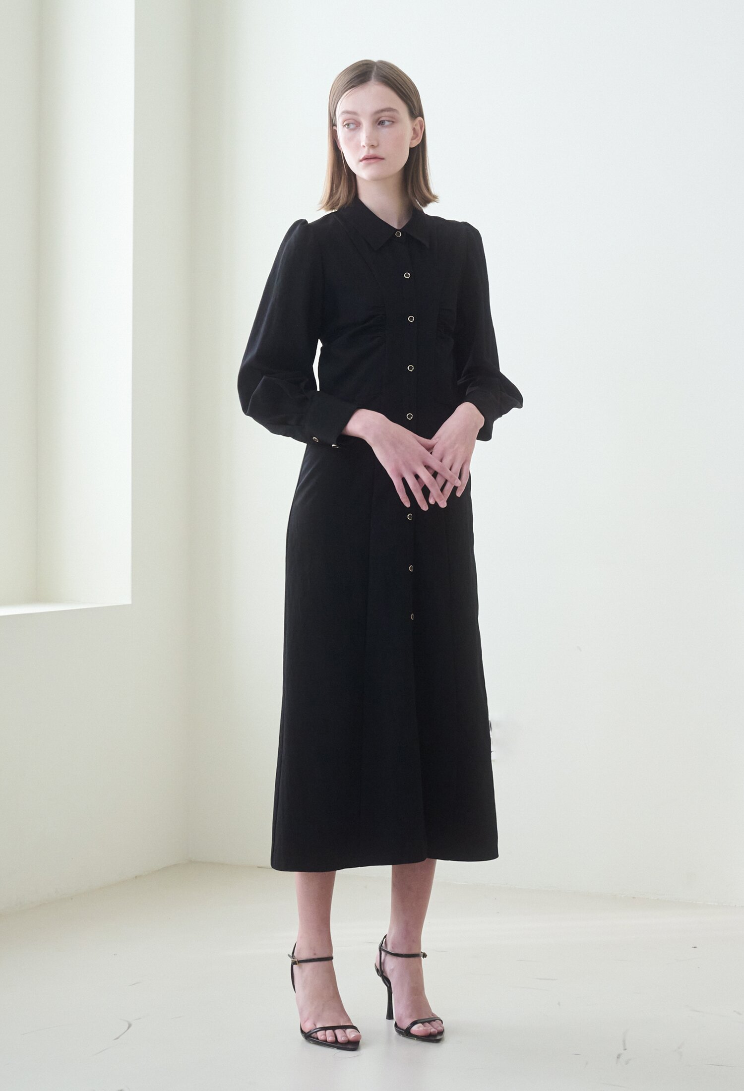  Front Shirring Shirts Dress - Black