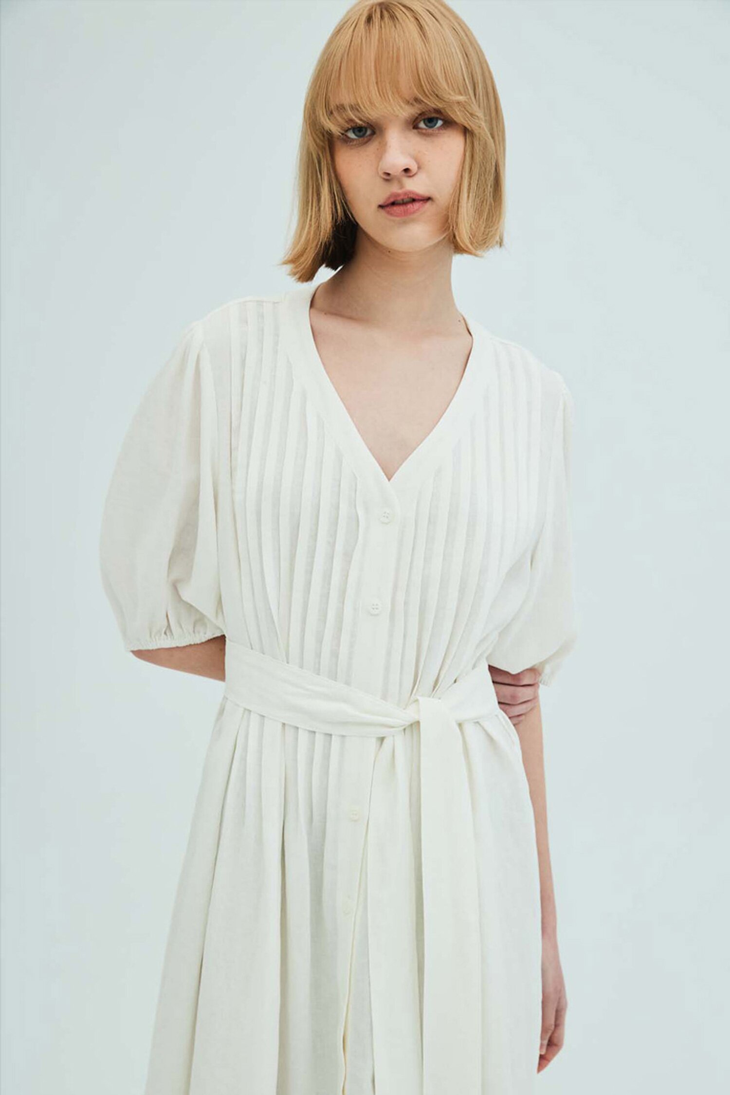 LINEN PLEATED DRESS IVORY