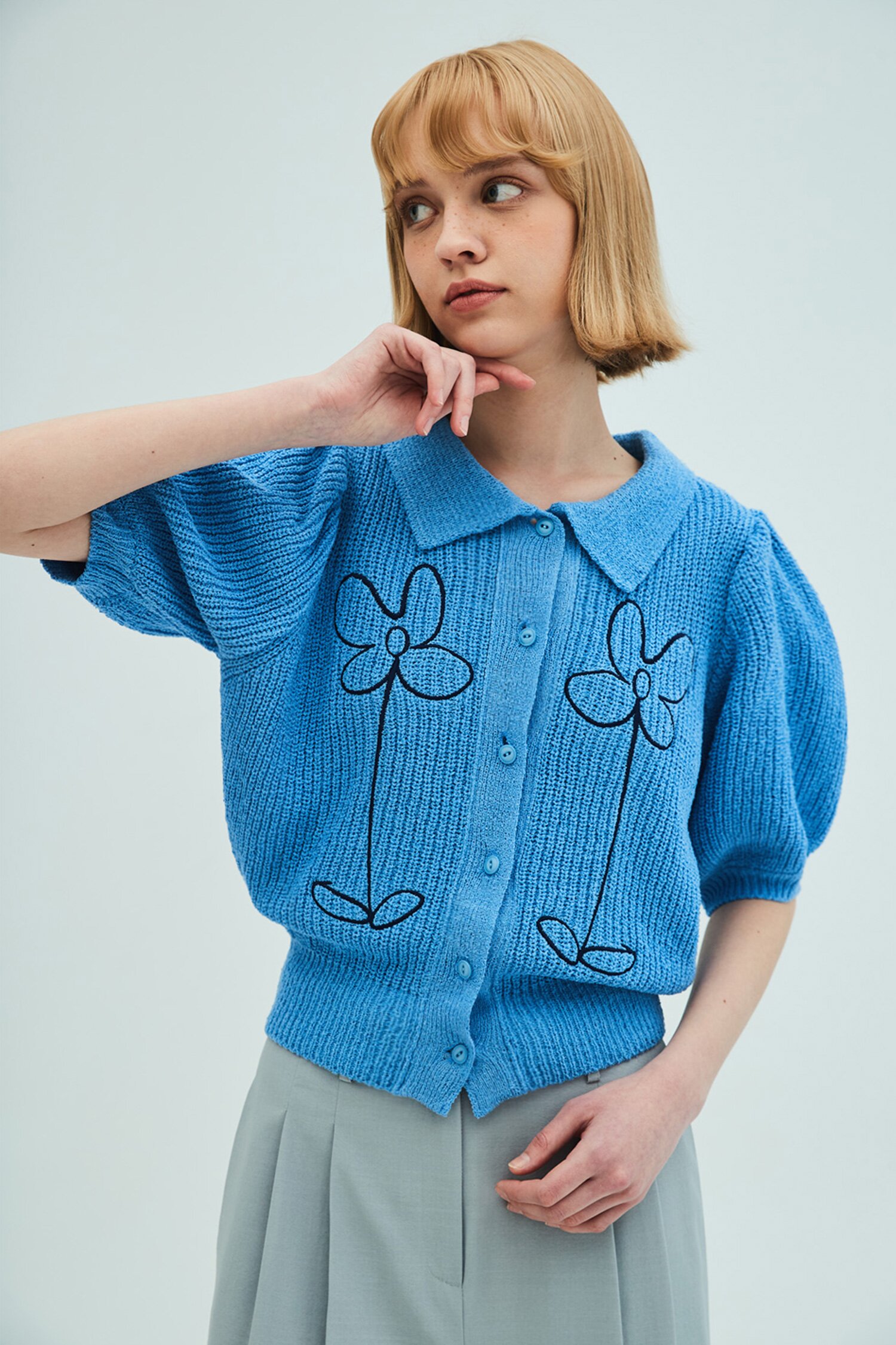 Flower Dance Collar Cardigan_Blue
