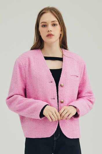 COLLARLESS V-NECK TWEED WOOL JACKET_PINK