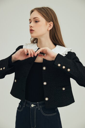 SHIRRING COLLAR CROPPED TWEED JACKET_BLACK