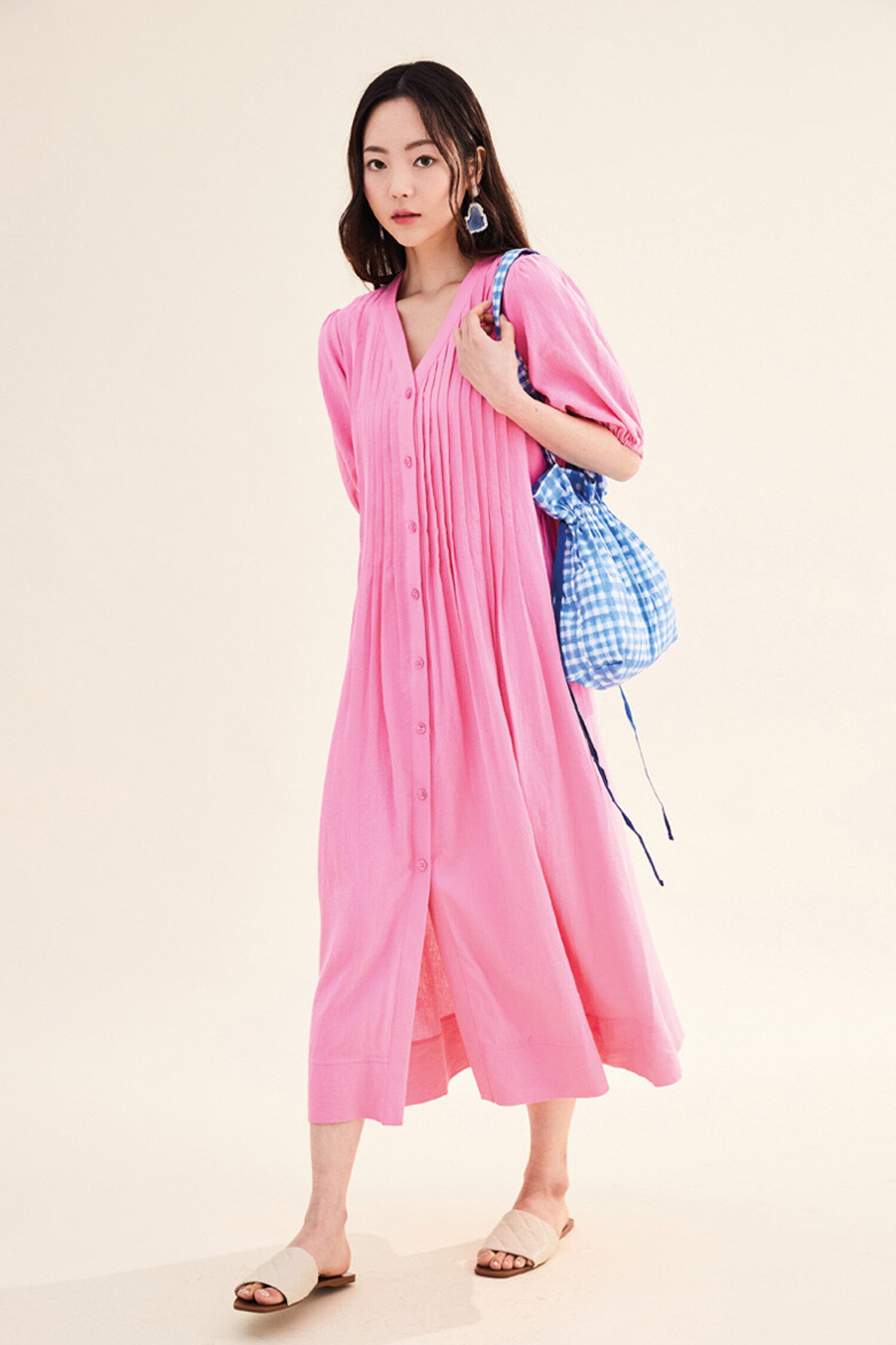 LINEN PLEATED DRESS PINK