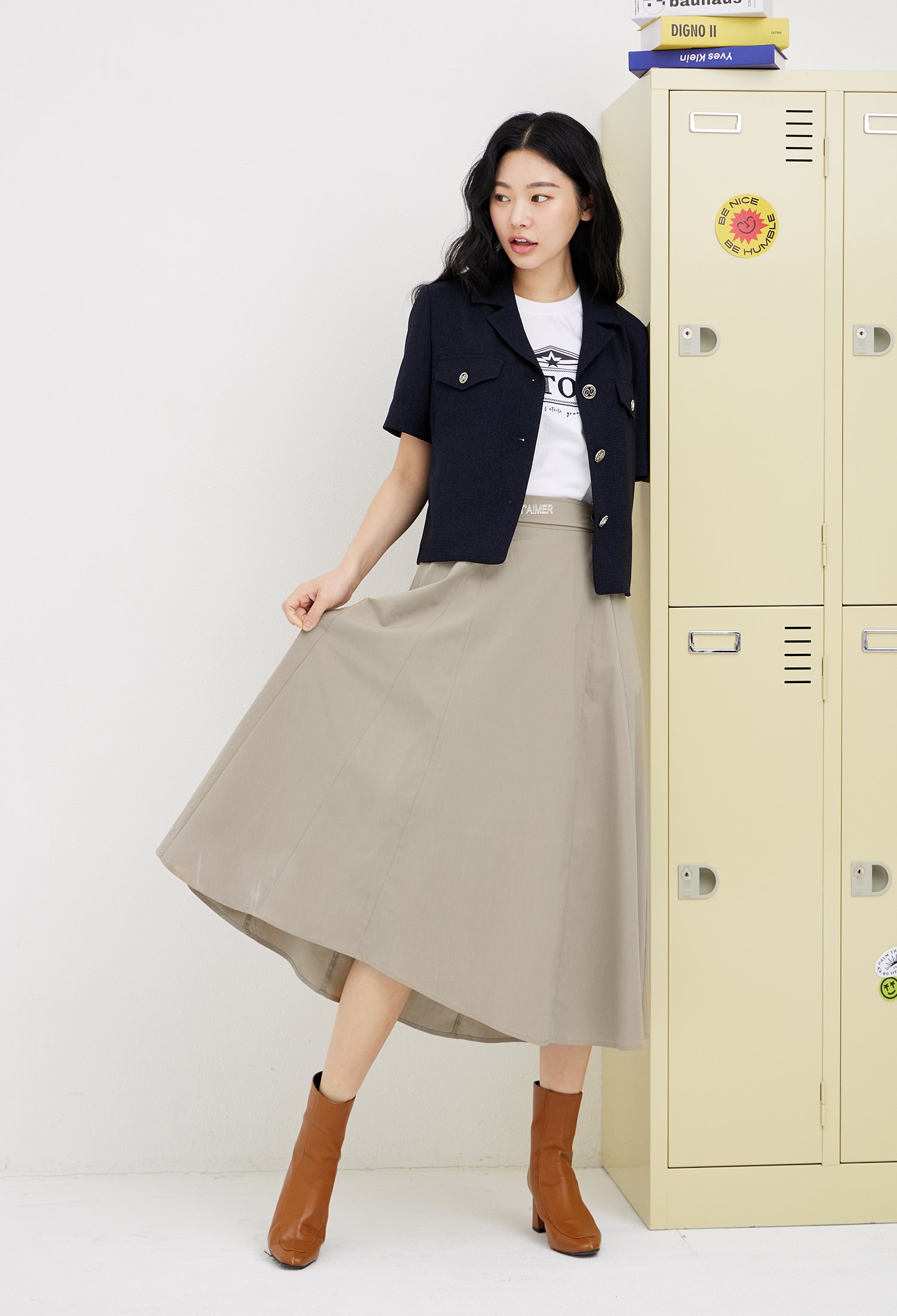 레터링 벨티드 A라인 스커트 (BEIGE)