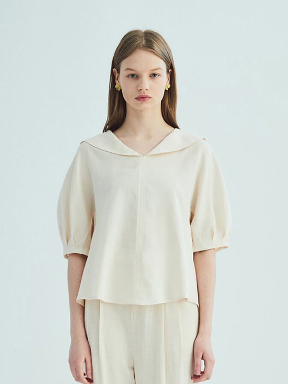 SAILOR COLLAR LINEN PUFF SLEEVE BLOUSE_BEIGE