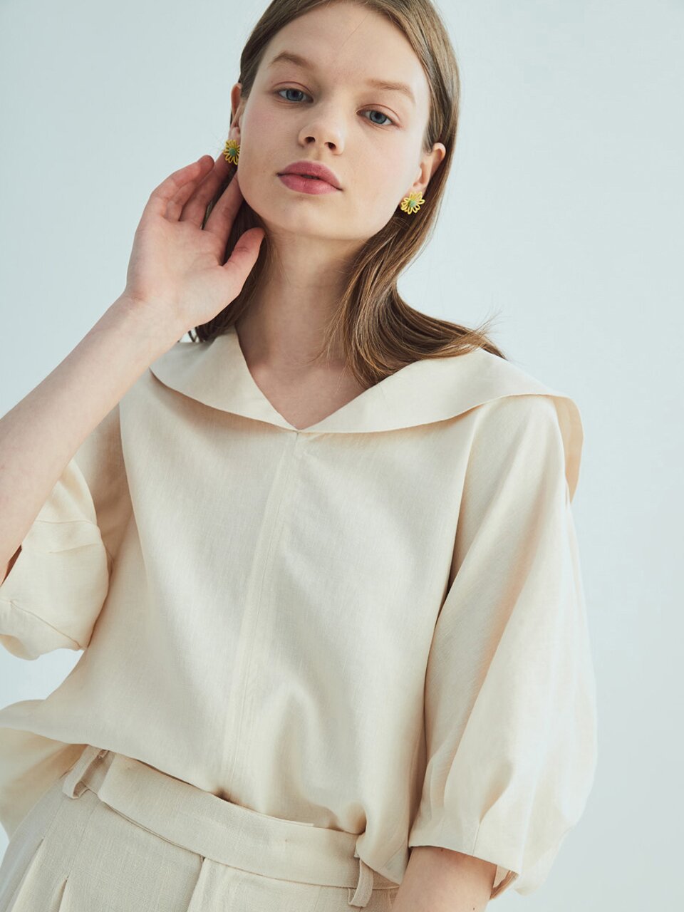 SAILOR COLLAR LINEN PUFF SLEEVE BLOUSE_BEIGE