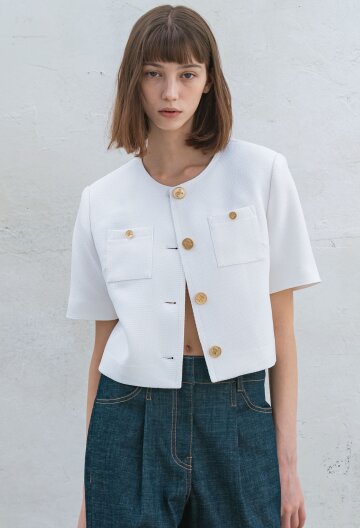 WHITE CROP TWEED HALF SLEEVE JACKET