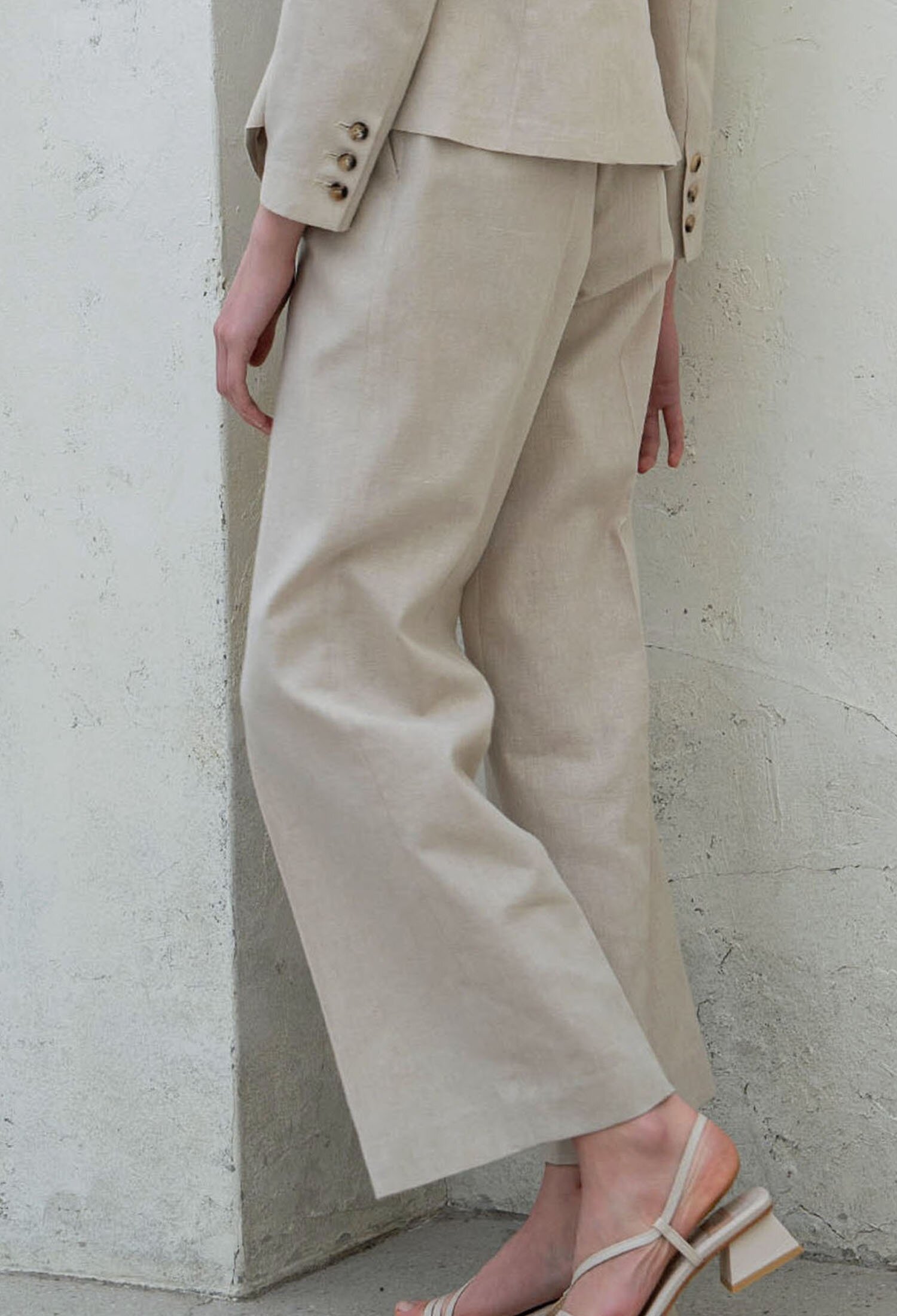 COLLARLESS LINEN SUIT PANTS