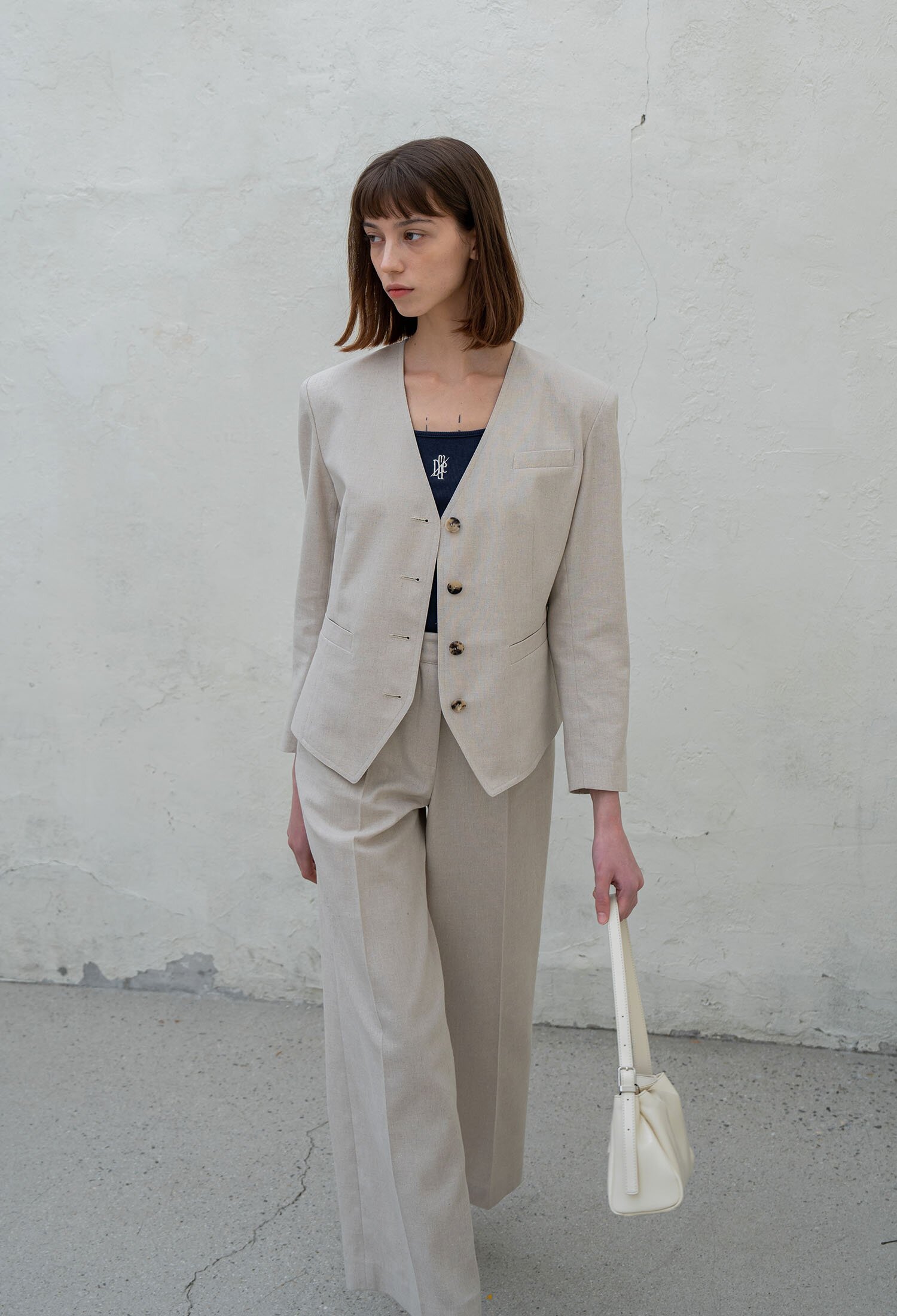 COLLARLESS LINEN SUIT PANTS