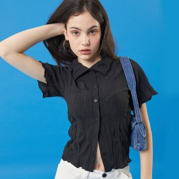 WOMEN 미디 크롭 슬림 마몽 반팔티 가디건 [BLACK] 반팔 크롭티