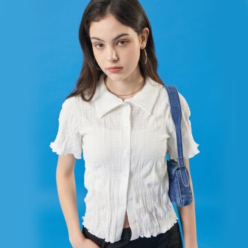 WOMEN 미디 크롭 슬림 마몽 반팔티 가디건 [WHITE] 반팔 크롭티