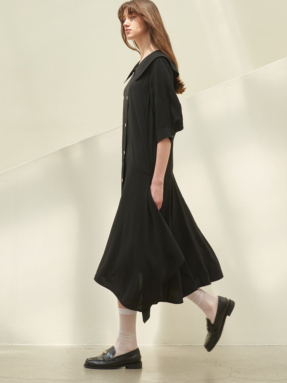 CAPE COLLOR UNBALANCE HAM LINE DRESS_BLACK