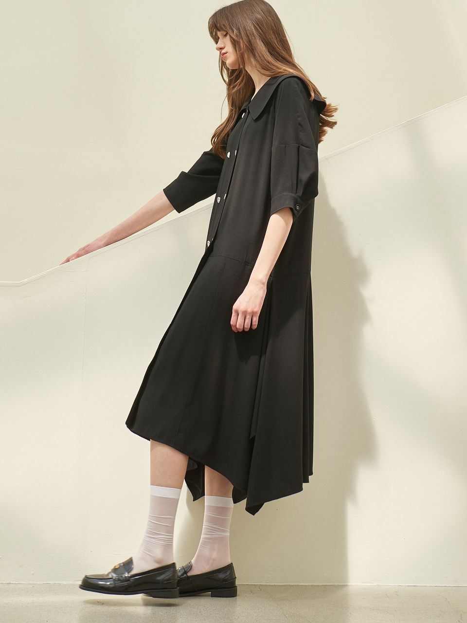 CAPE COLLOR UNBALANCE HAM LINE DRESS_BLACK