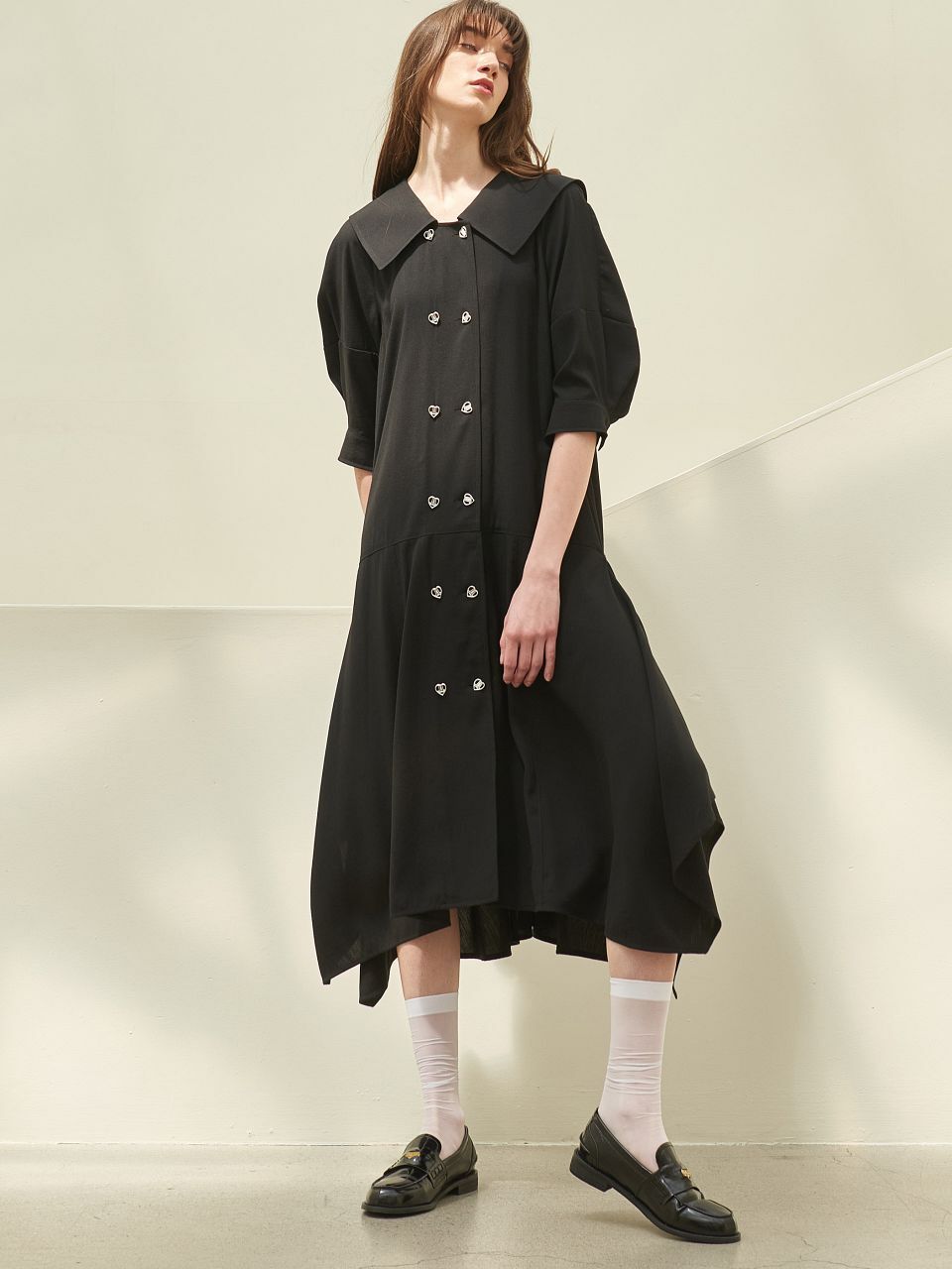 CAPE COLLOR UNBALANCE HAM LINE DRESS_BLACK