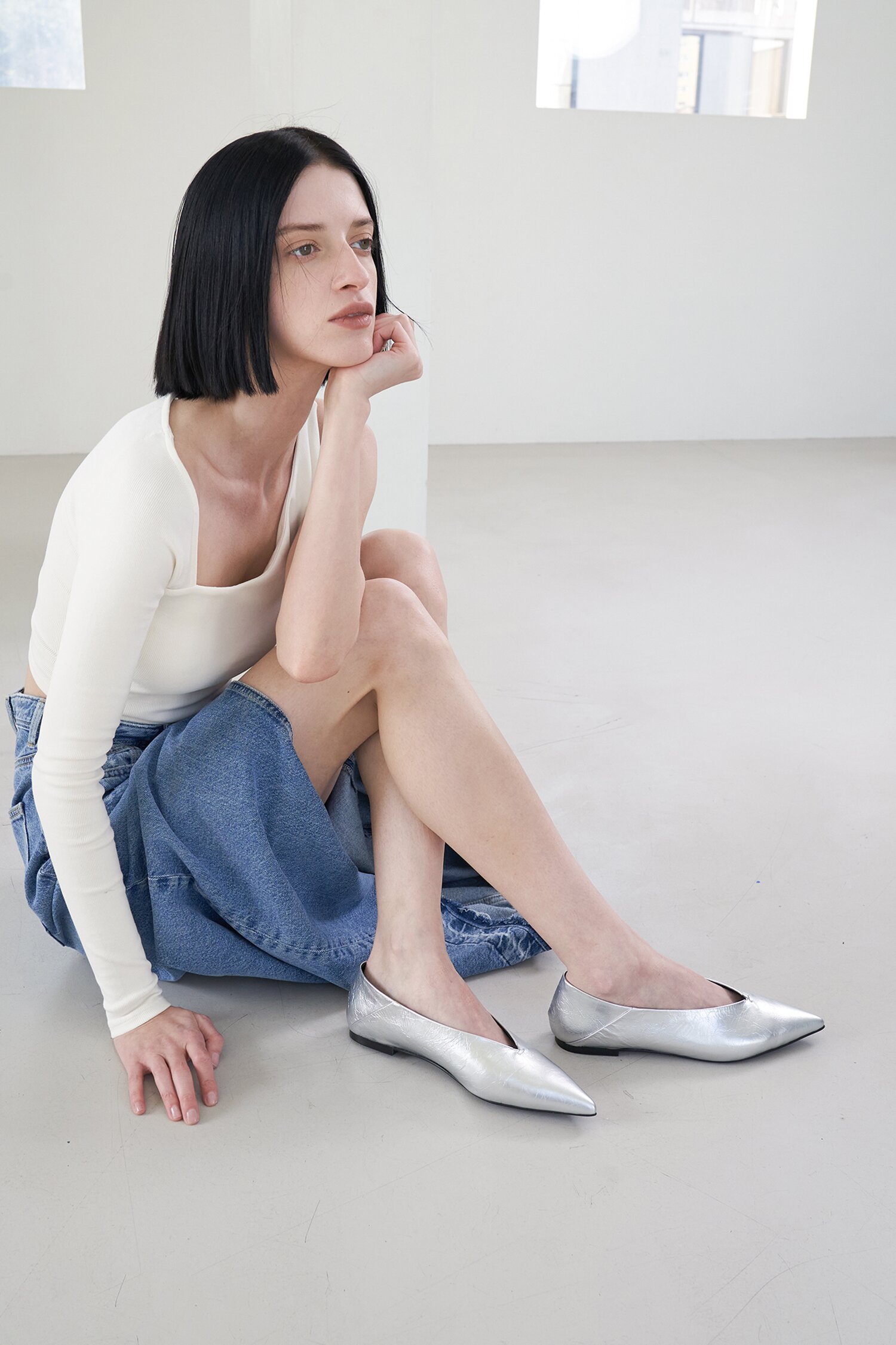 Inès Flat Leather Silver