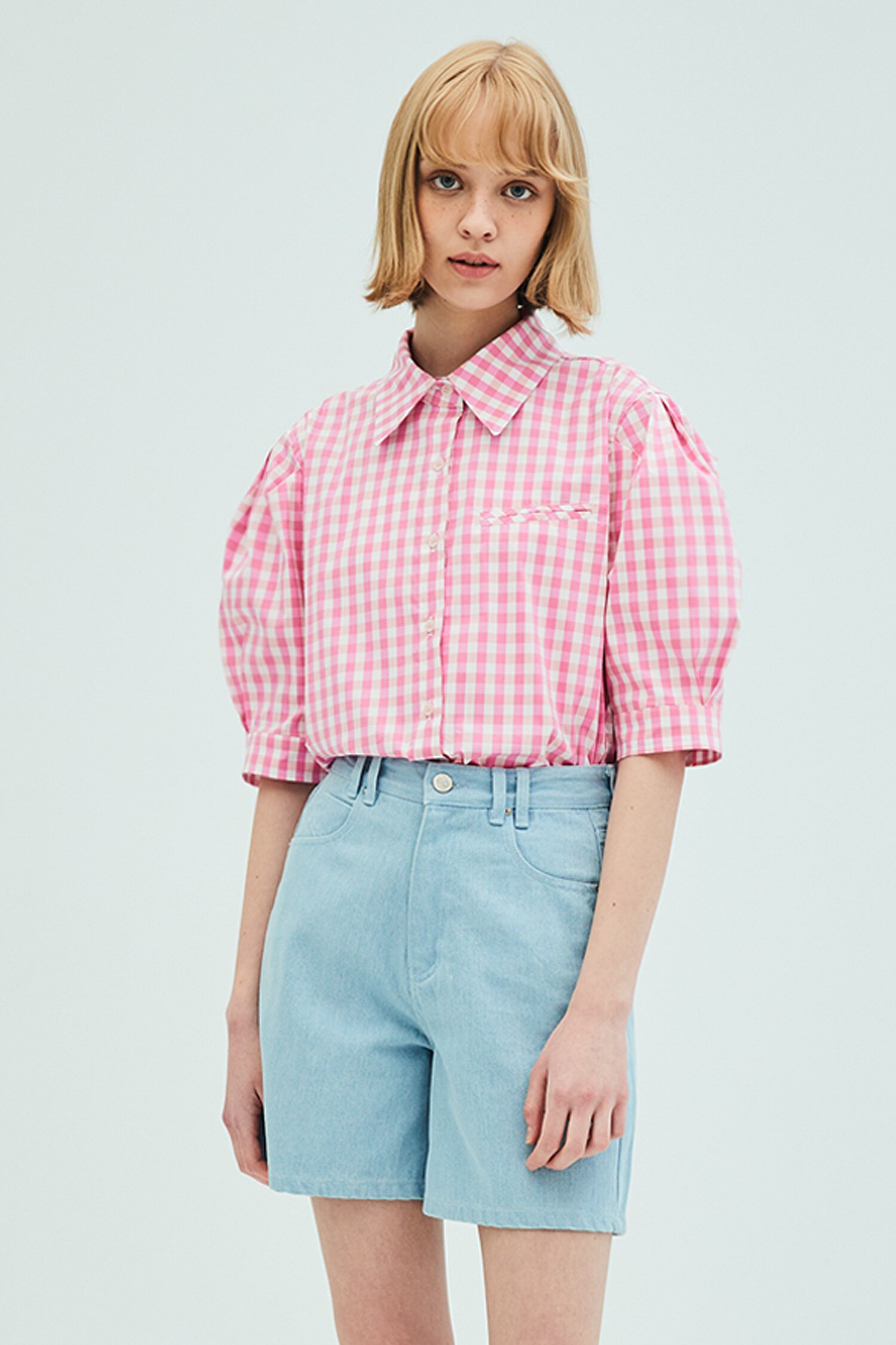 Puff Short Sleeve Check Blouse_Pink