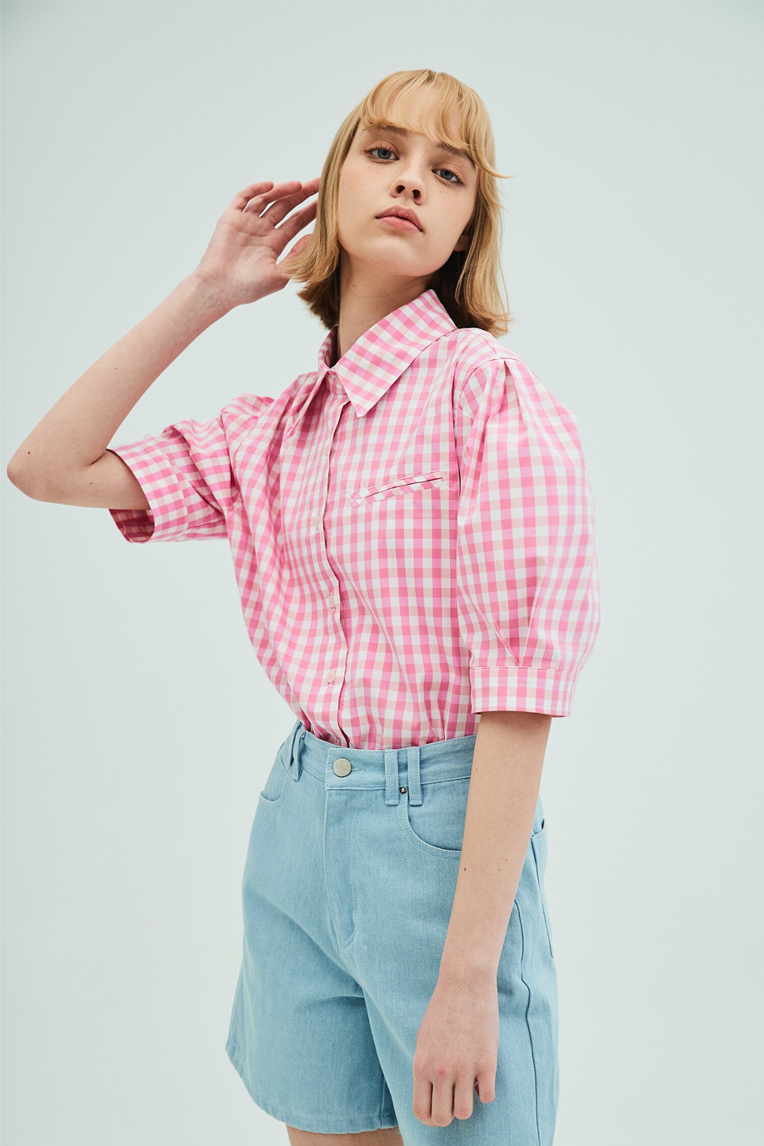 Puff Short Sleeve Check Blouse_Pink
