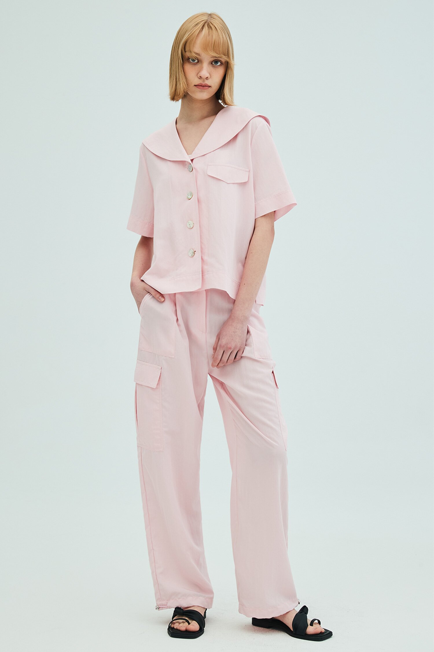 Sailor Collar Stitch Blouse Stitch_Cargo Pants Set_Pink