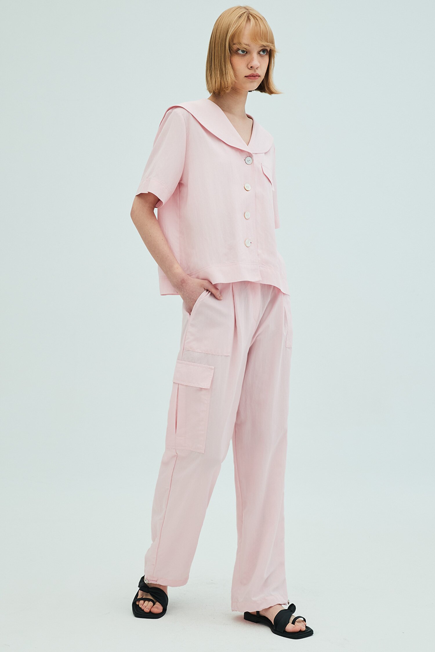 Sailor Collar Stitch Blouse Stitch_Cargo Pants Set_Pink