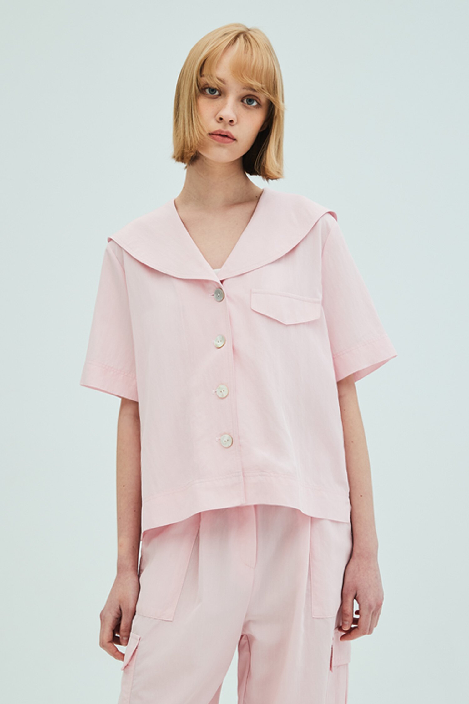 Sailor Collar Stitch Blouse Stitch_Cargo Pants Set_Pink