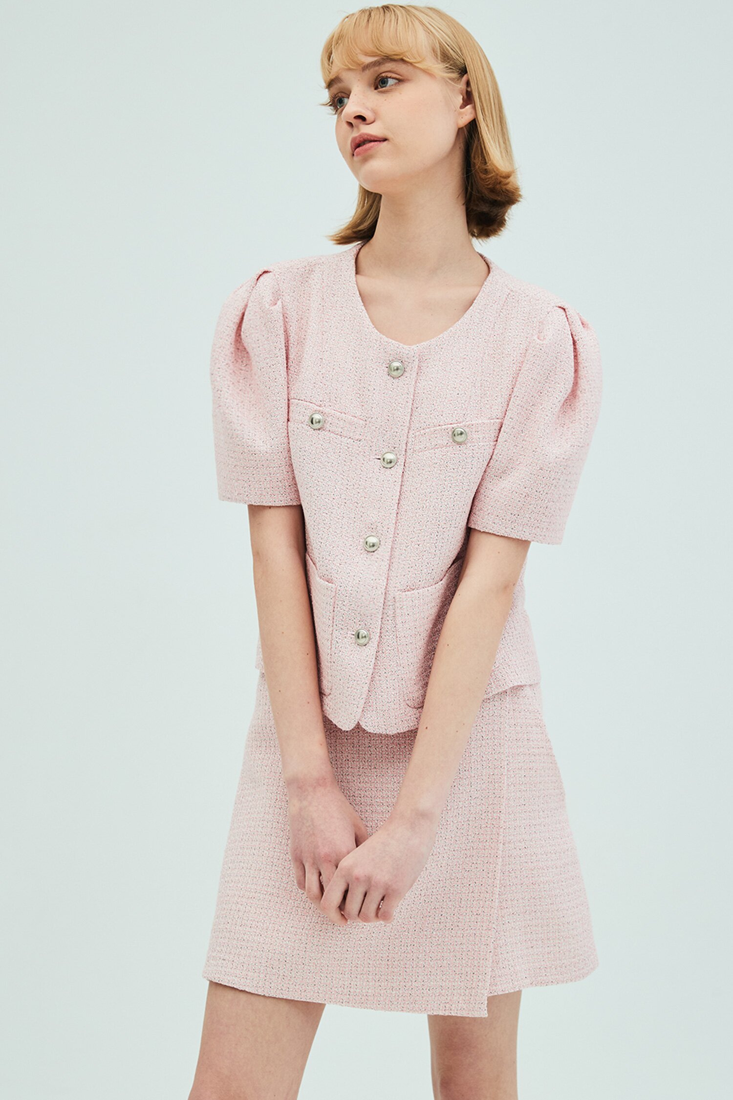 Puff Sleeve Tweed Jacket_Wrap Short Pants Set_Pink