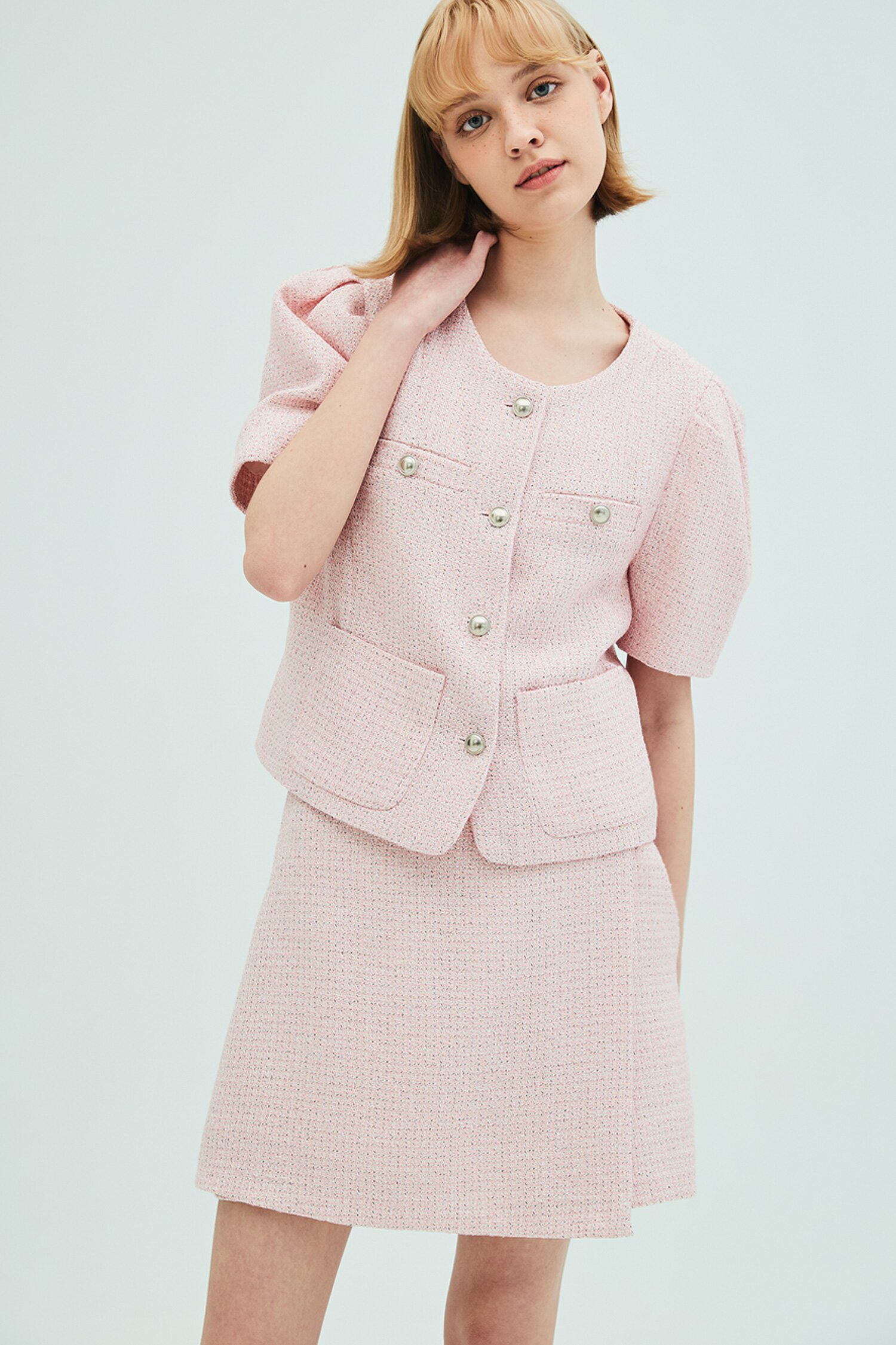 Puff Sleeve Tweed Jacket_Wrap Short Pants Set_Pink