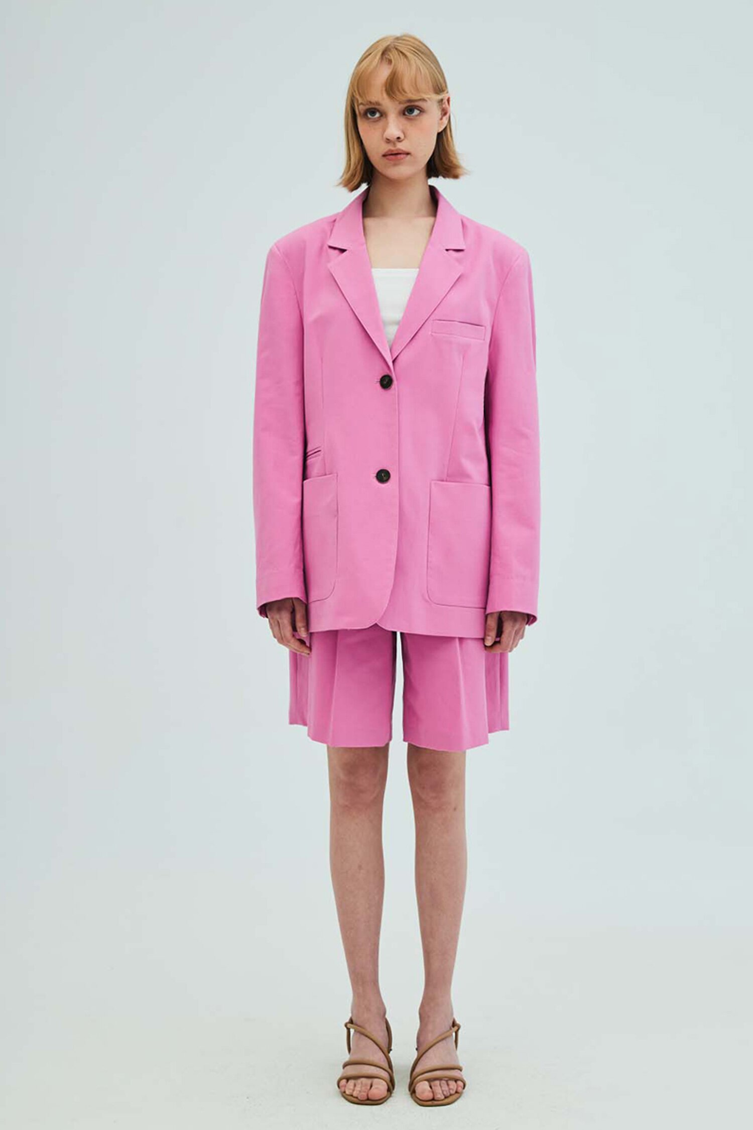 Oversized Cotton Blazer_Pintuck Bermuda Pants Set_Pink