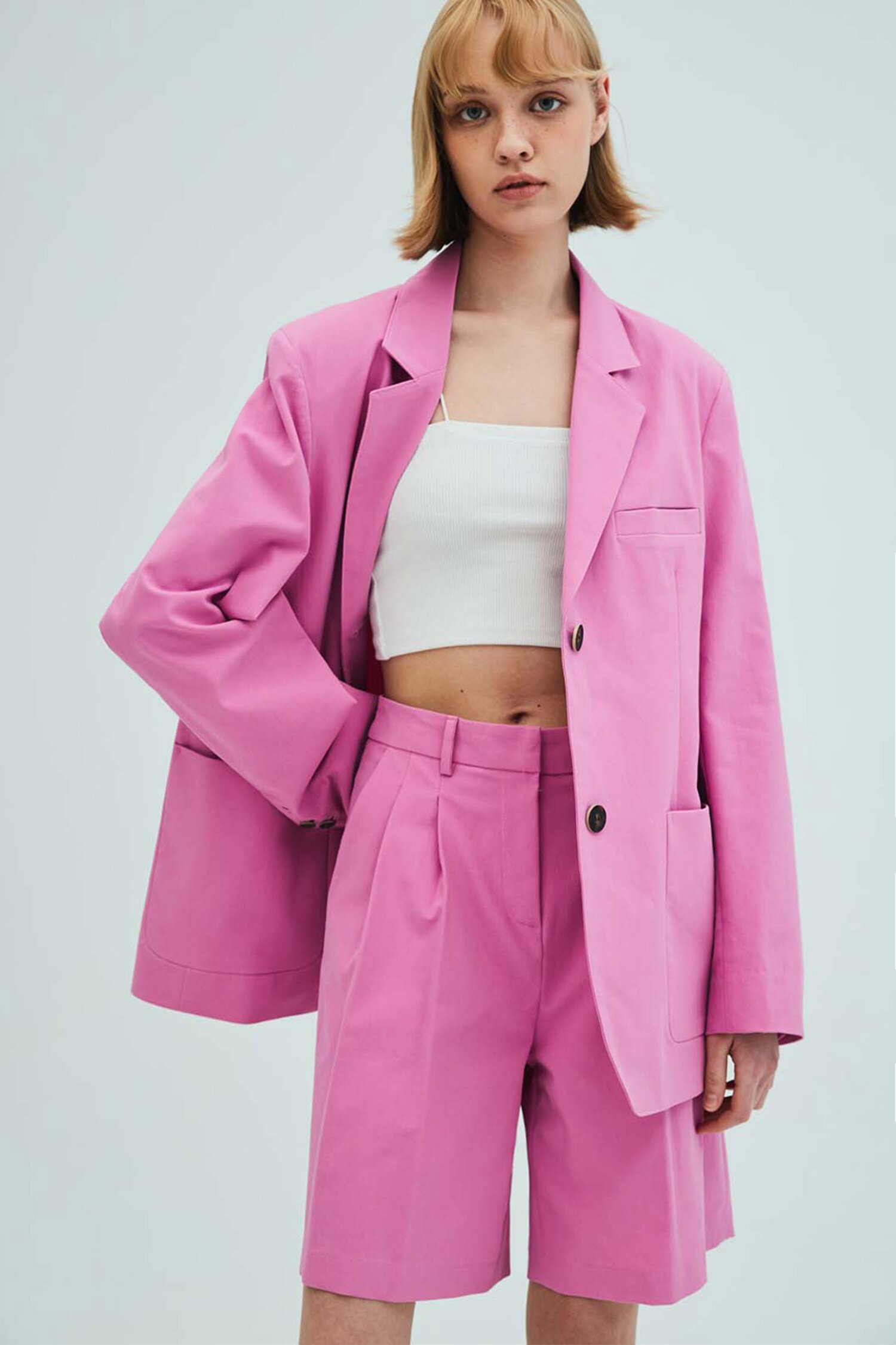 Oversized Cotton Blazer_Pintuck Bermuda Pants Set_Pink