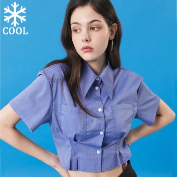 WOMEN 쿨링 에어리 크롭 슬림 반팔 셔츠 [DENIM_PURPLE]