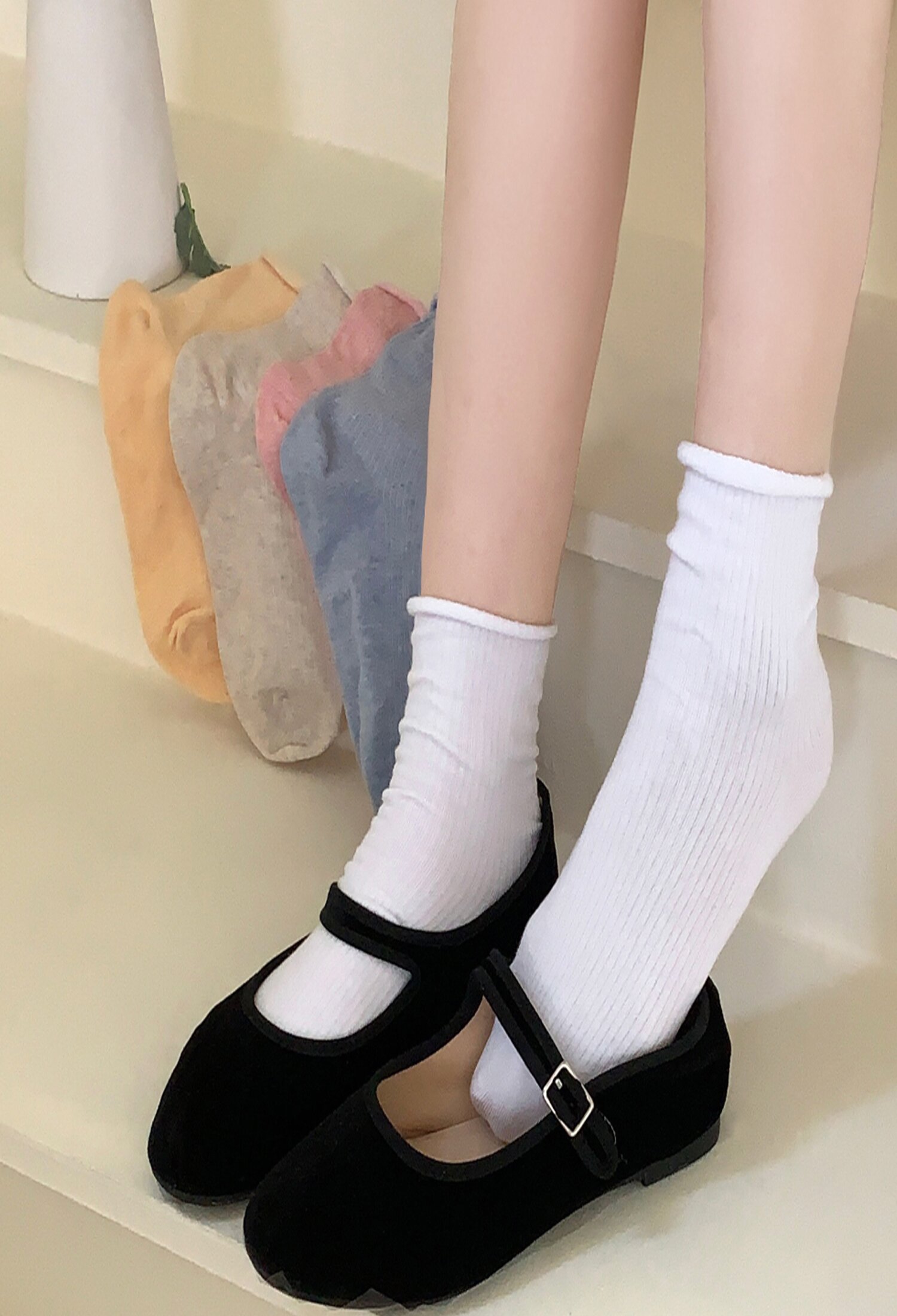 여성 4계절 롤링 중목양말 5켤레
